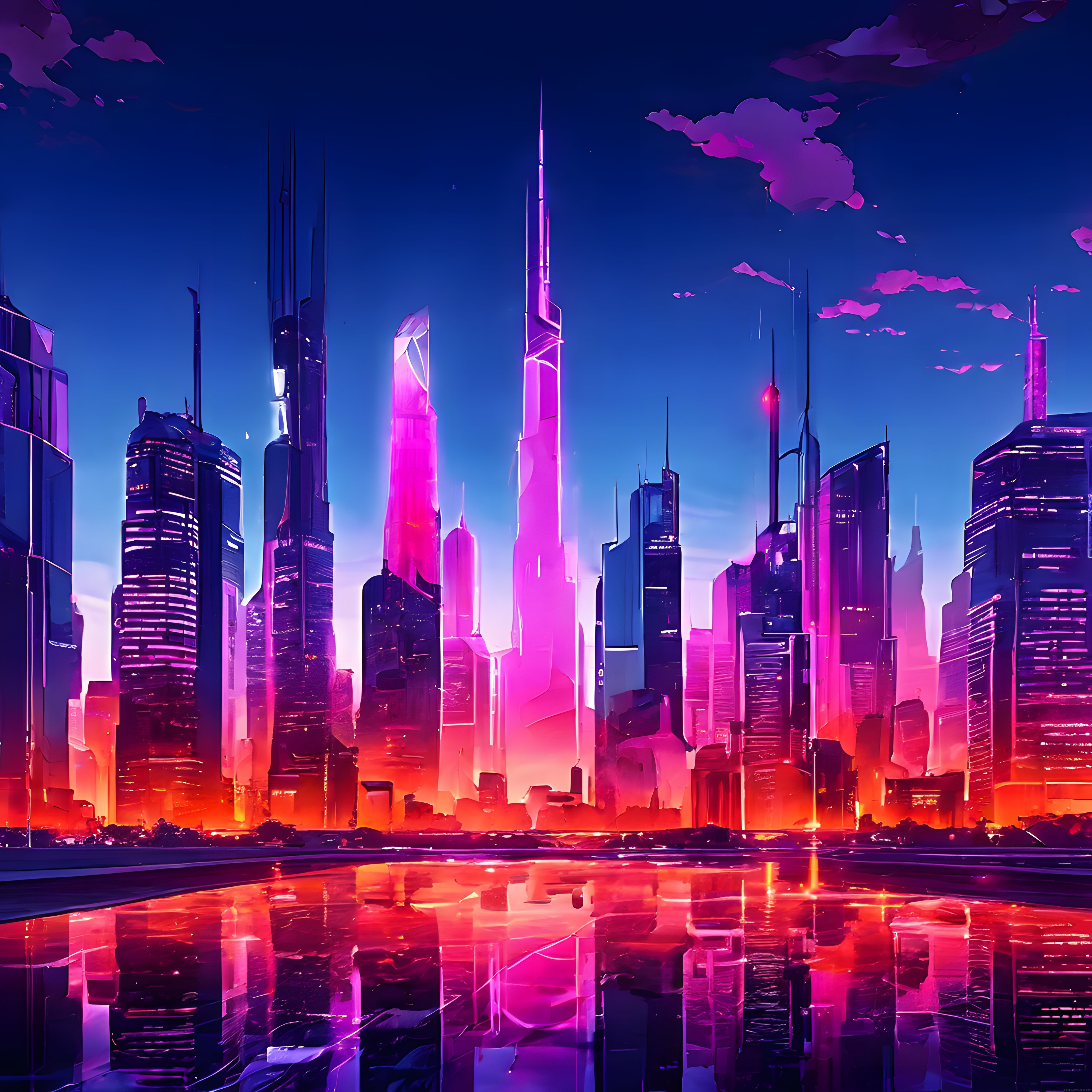Neon Işıklarla Süslenmiş Geleceğin Şehri: Cyberpunk Skyline ve Su Yansıması