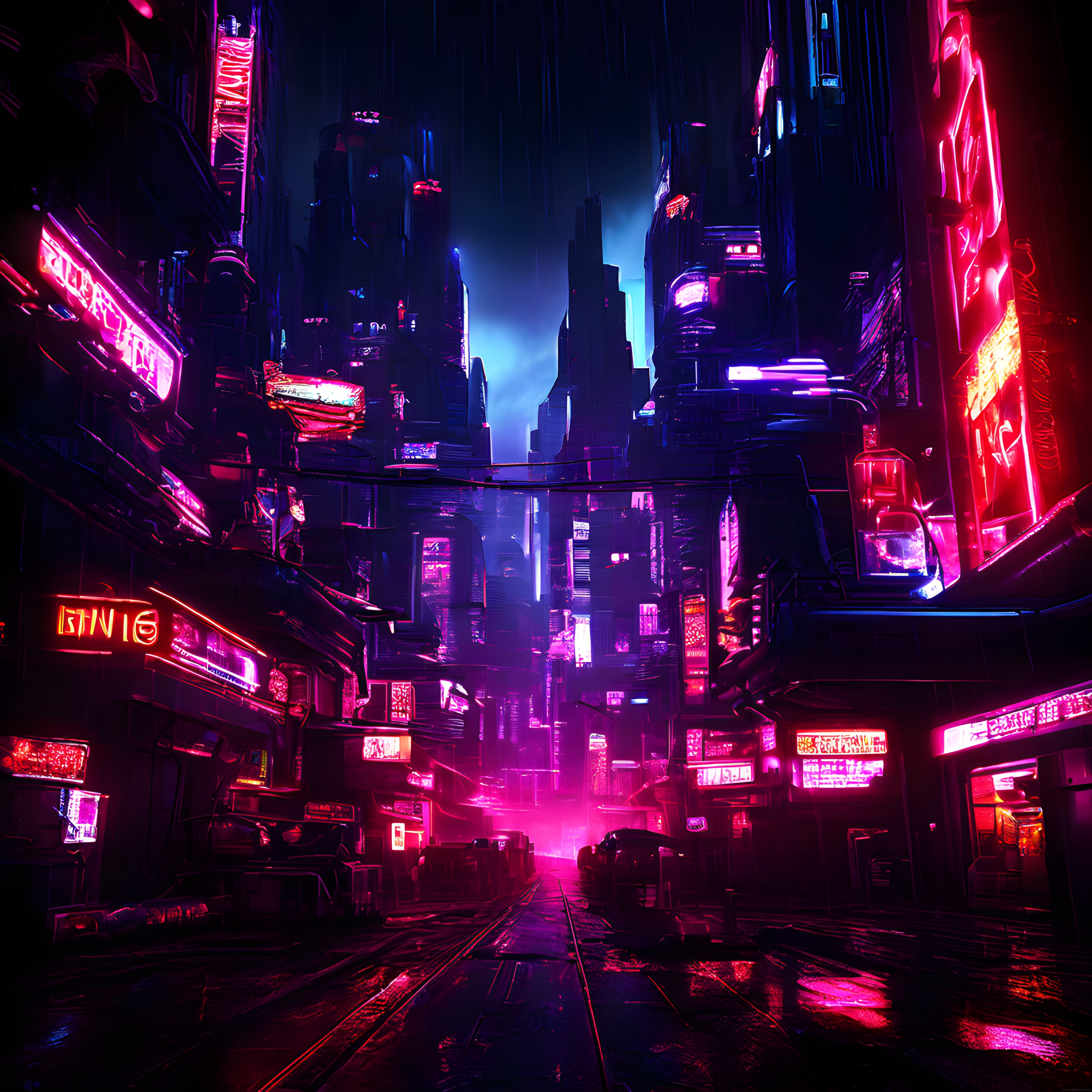Neon Işıklarla Süslenmiş Gelecekçi Şehir Manzarası ve Cyberpunk Sokak Atmosferi