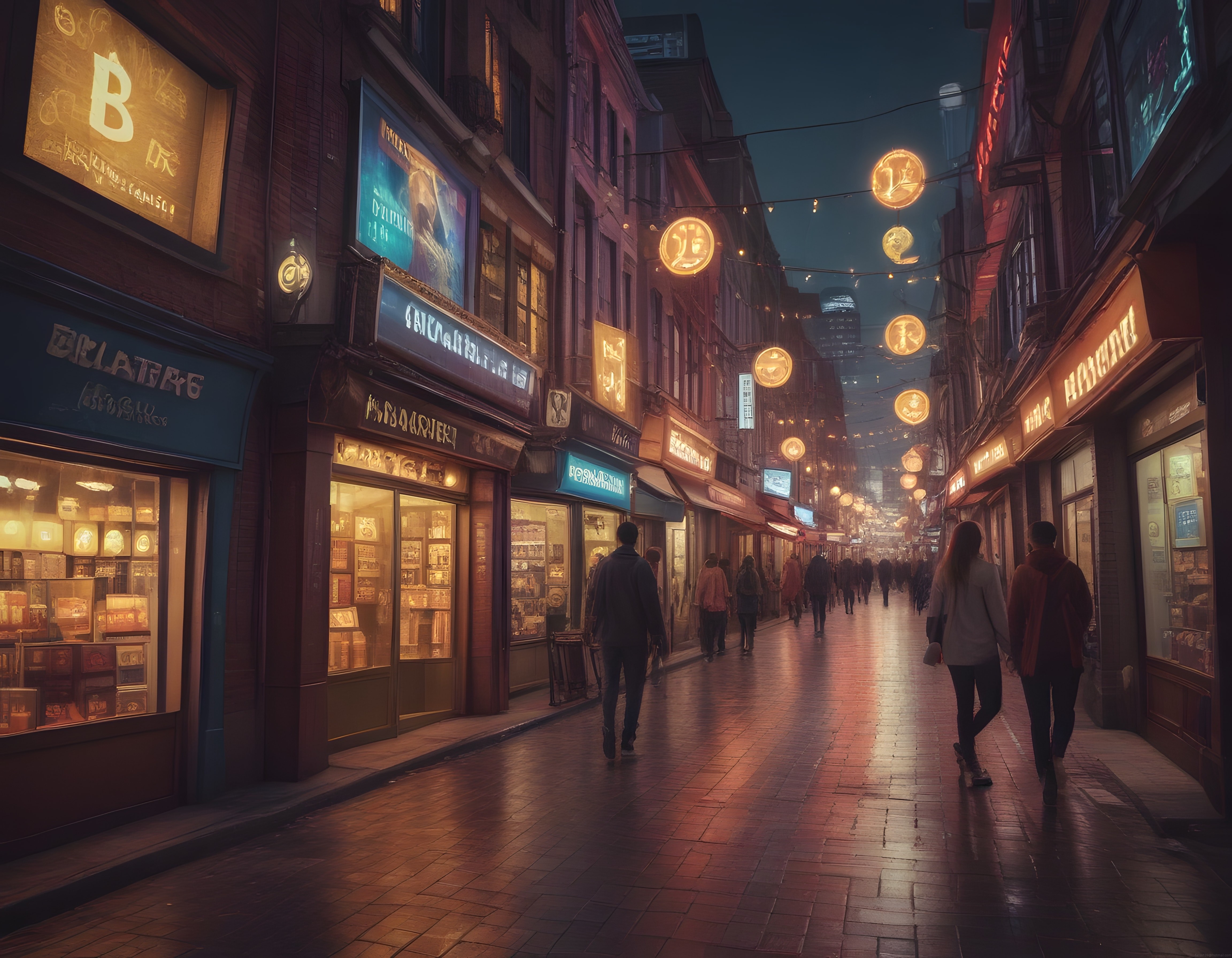 Neon Işıklarla Süslenmiş Gizemli Gece Sokağı ve Dijital Şehir Atmosferi