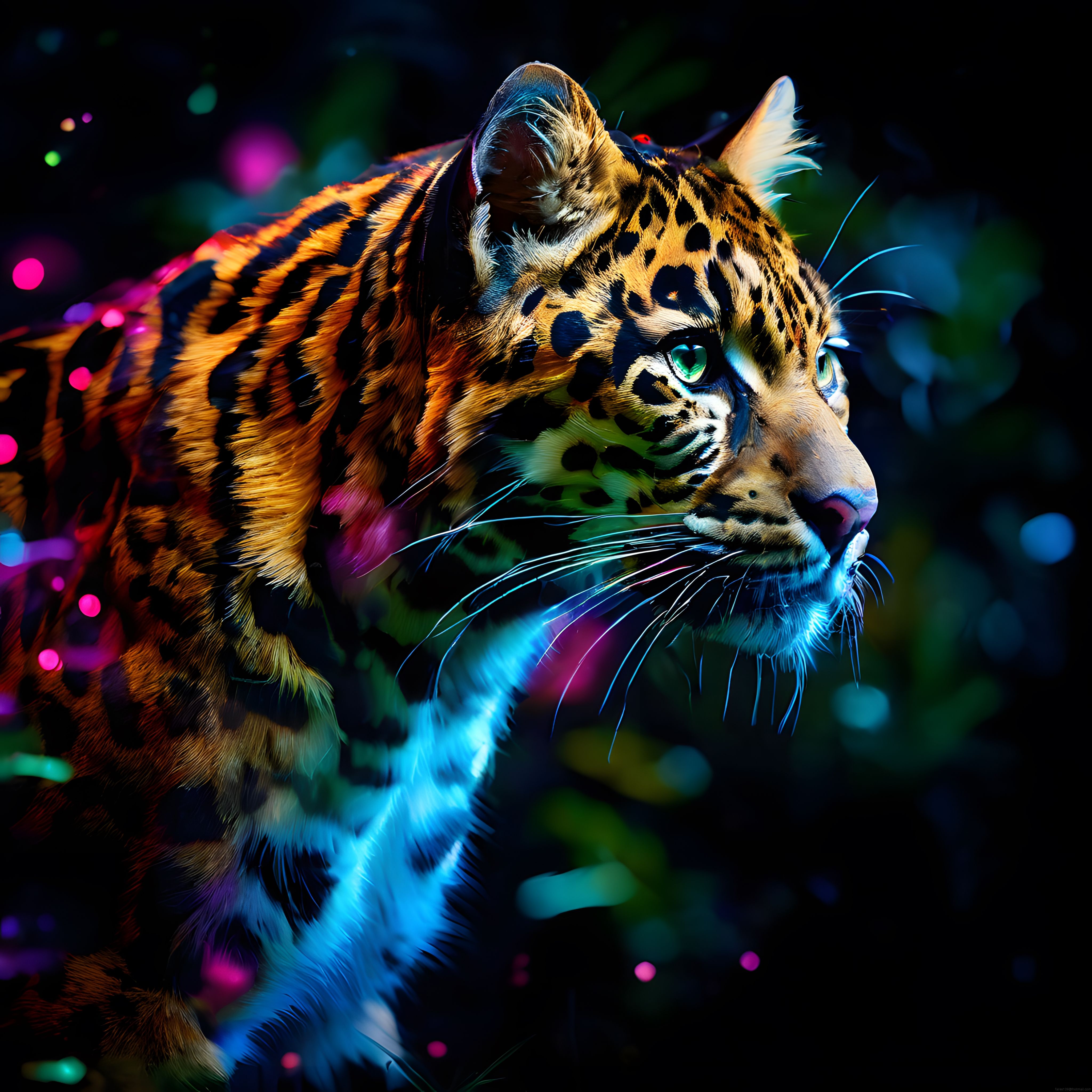 Neon Işıklarla Süslenmiş Gizemli Kaplan Dijital Sanat Eseri ve Portre
