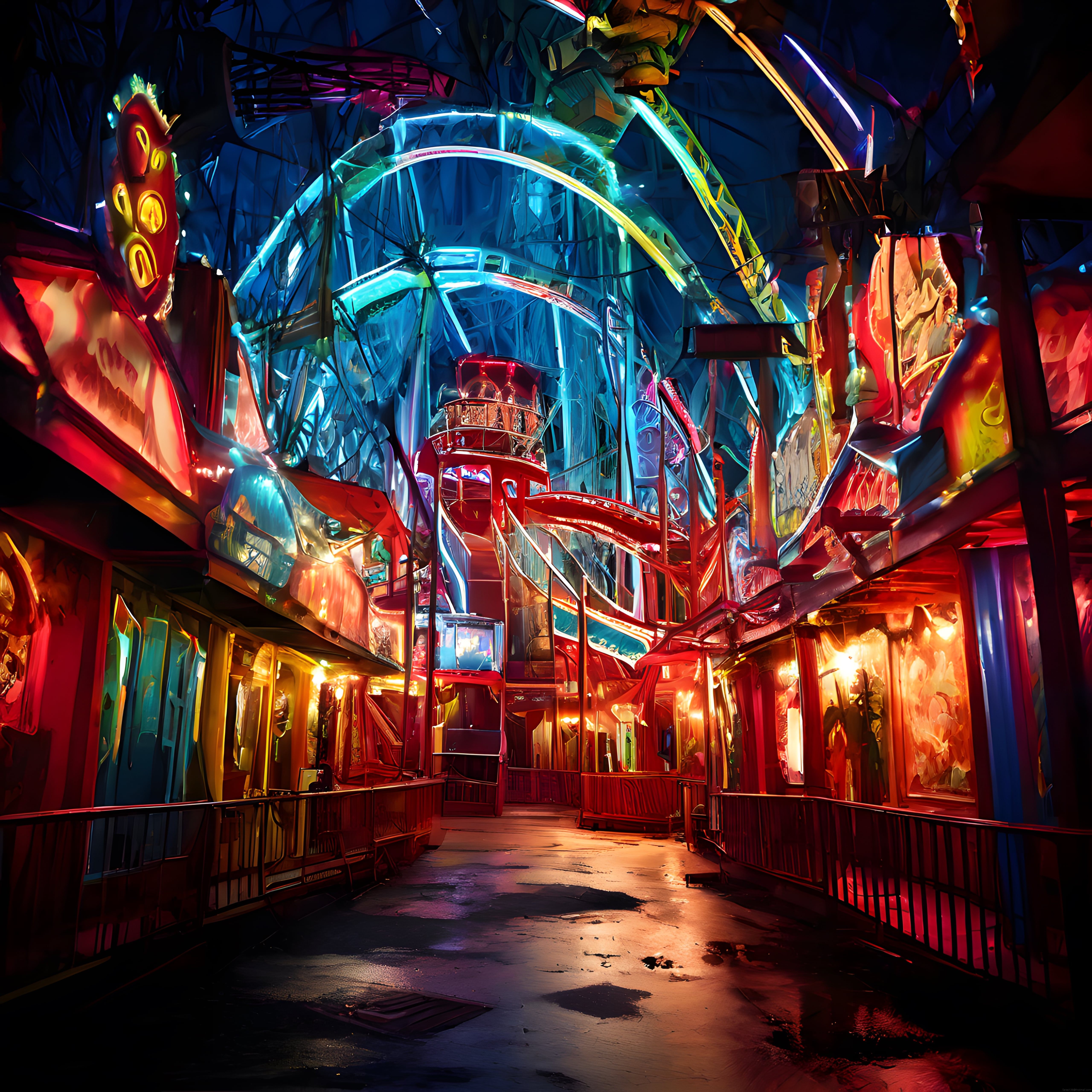 Neon Işıklarla Süslenmiş Gizemli Lunapark: Gece Vakti Sürreal Atmosfer
