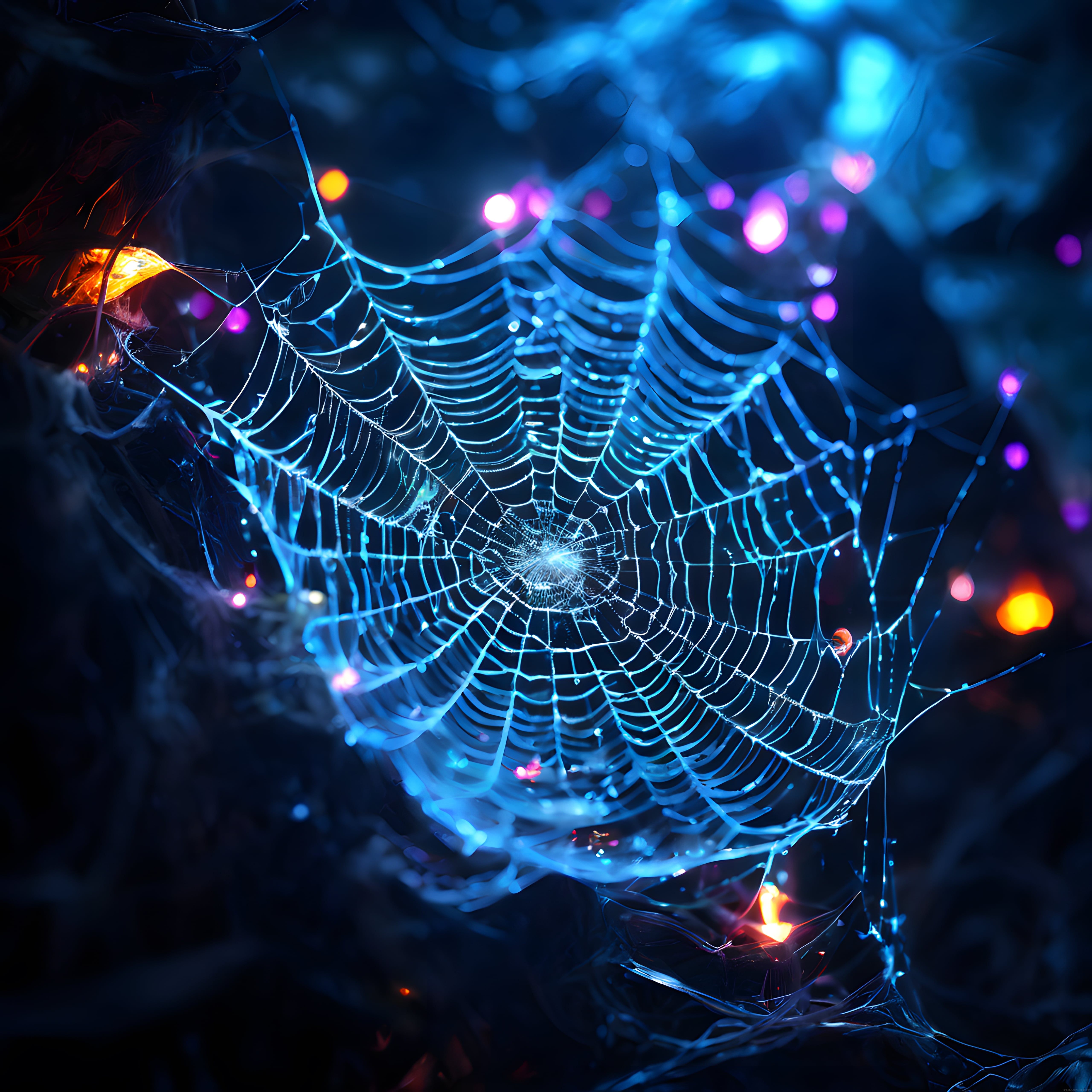 Neon Işıklarla Süslenmiş Gizemli Örümcek Ağı: Dijital Sanat Eseri