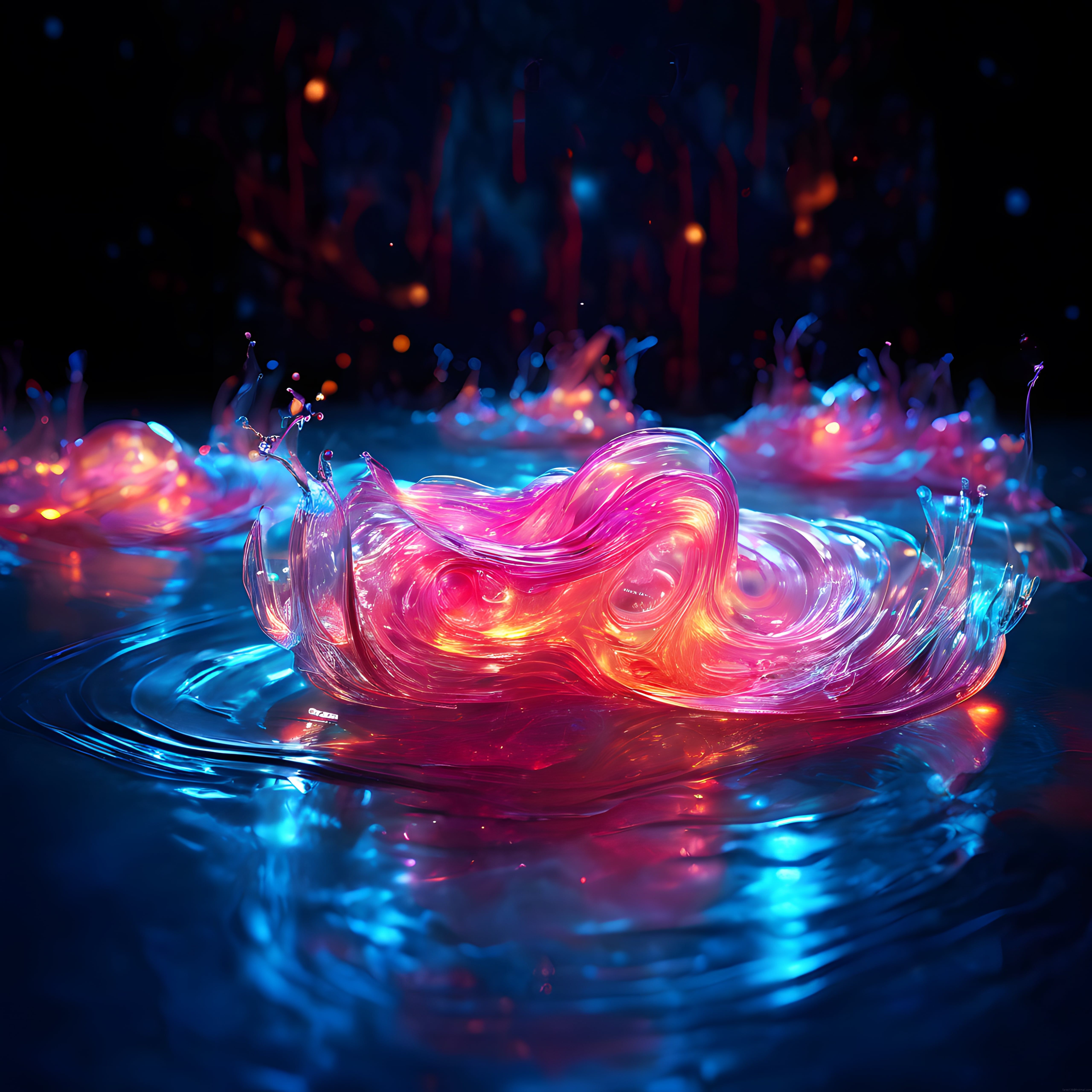Neon Işıklarla Süslenmiş Gizemli Sıvı Kıvılcımları ve Soyut Su Sanatı