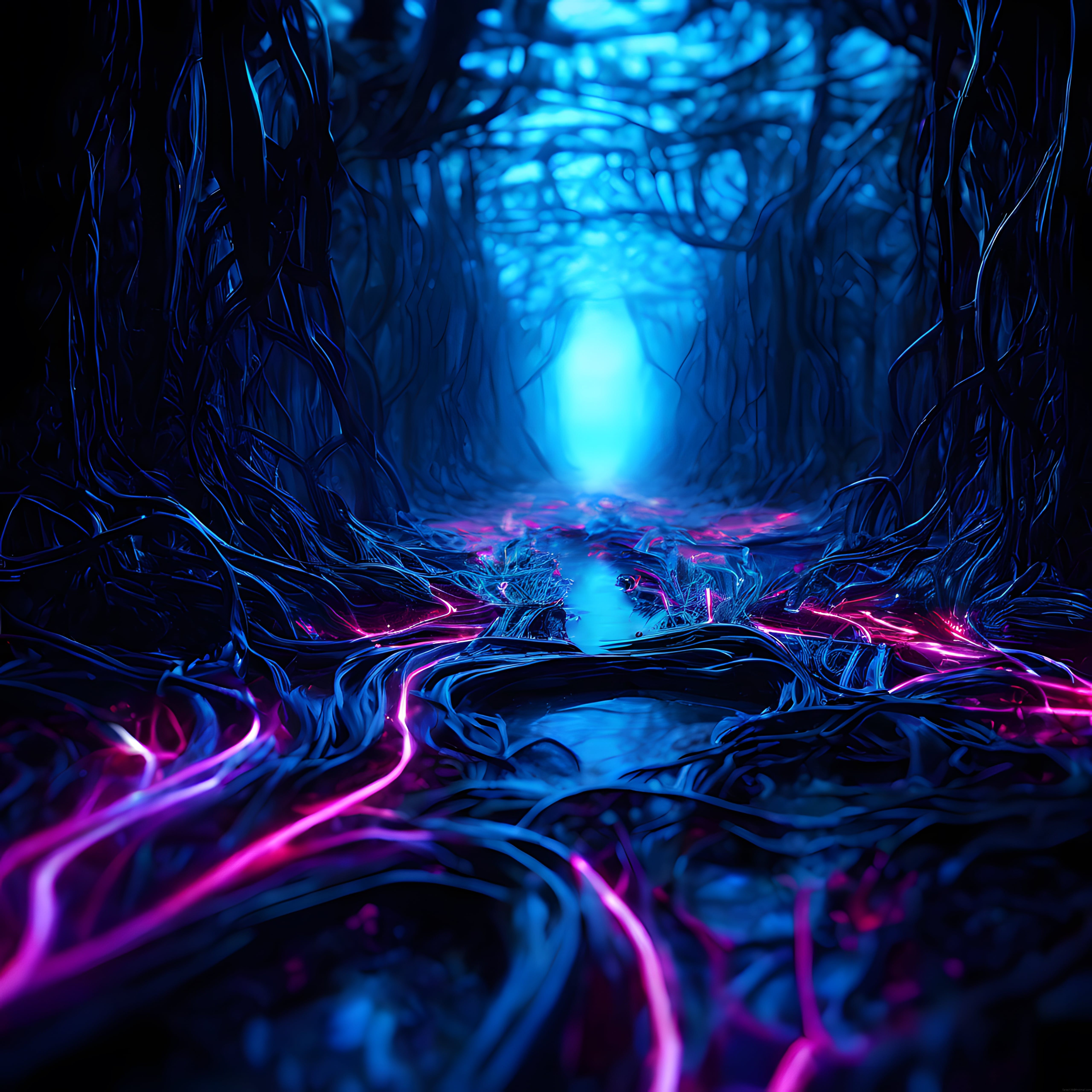 Neon Işıklarla Süslenmiş Gizemli ve Büyüleyici Bir Ormanın Derinliklerine Yolculuk