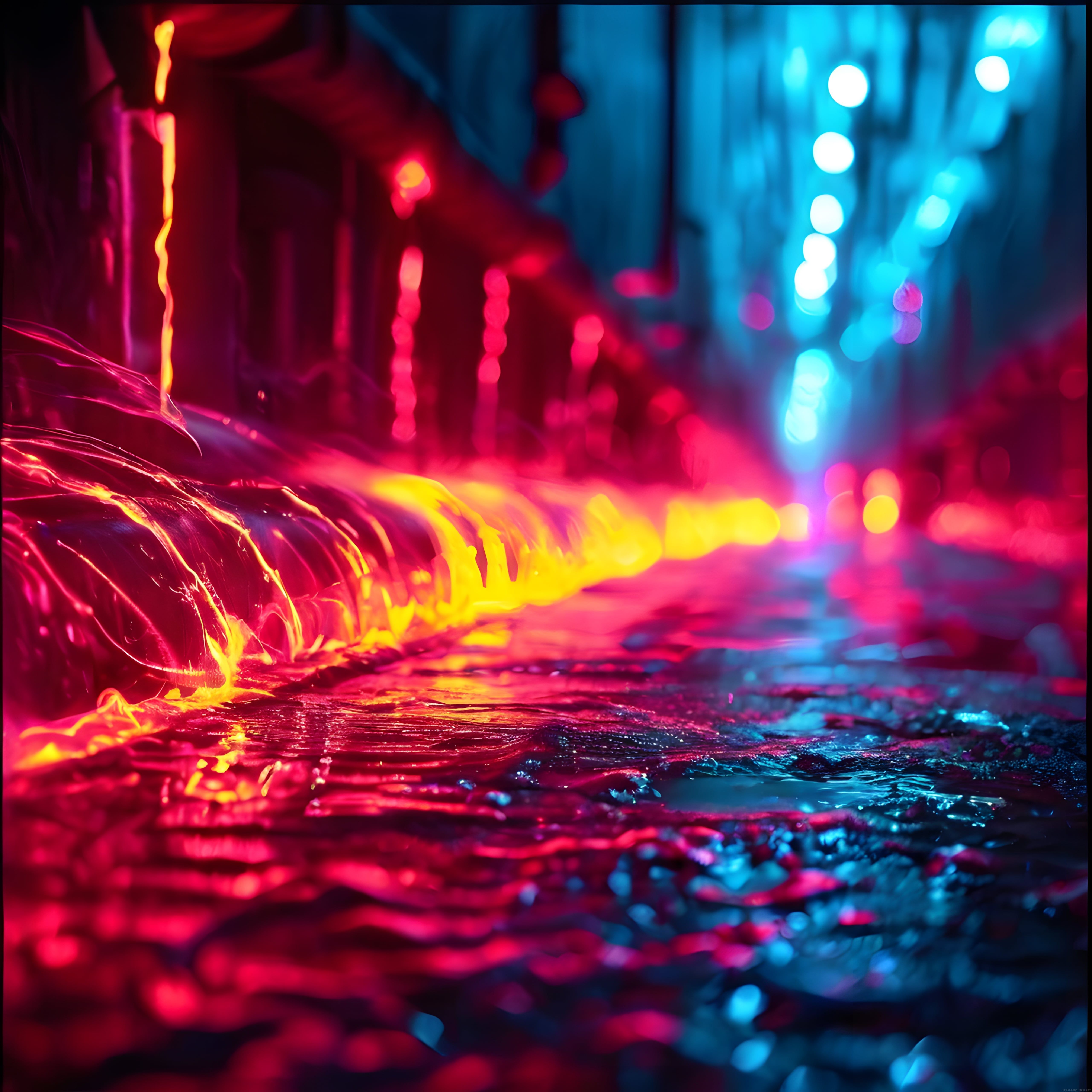Neon Işıklarla Süslenmiş Islak Gece Sokağı ve Renkli Yansımalar