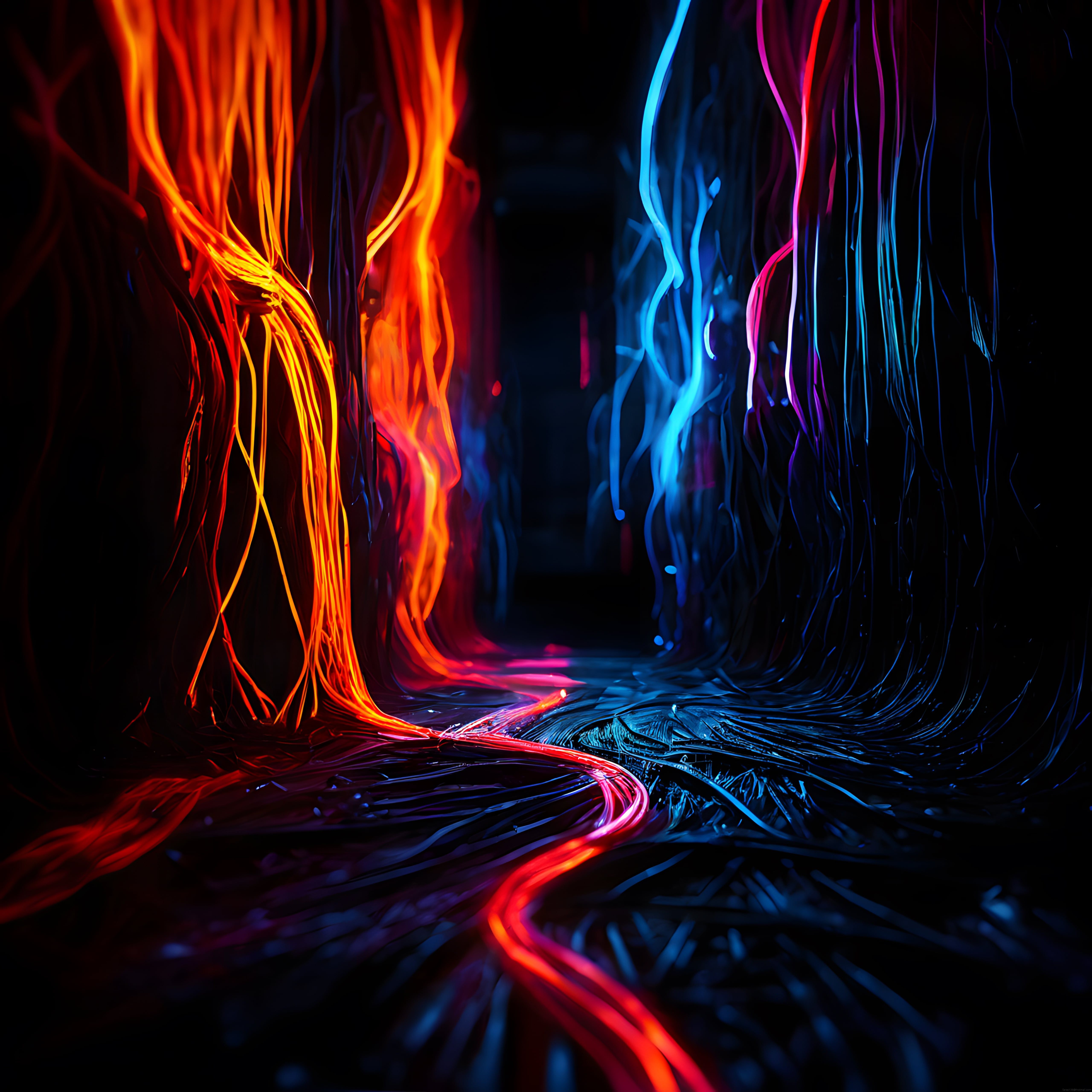 Neon Işıklarla Süslenmiş Mistik Gece Ormanı ve Parıldayan Ağaçlar