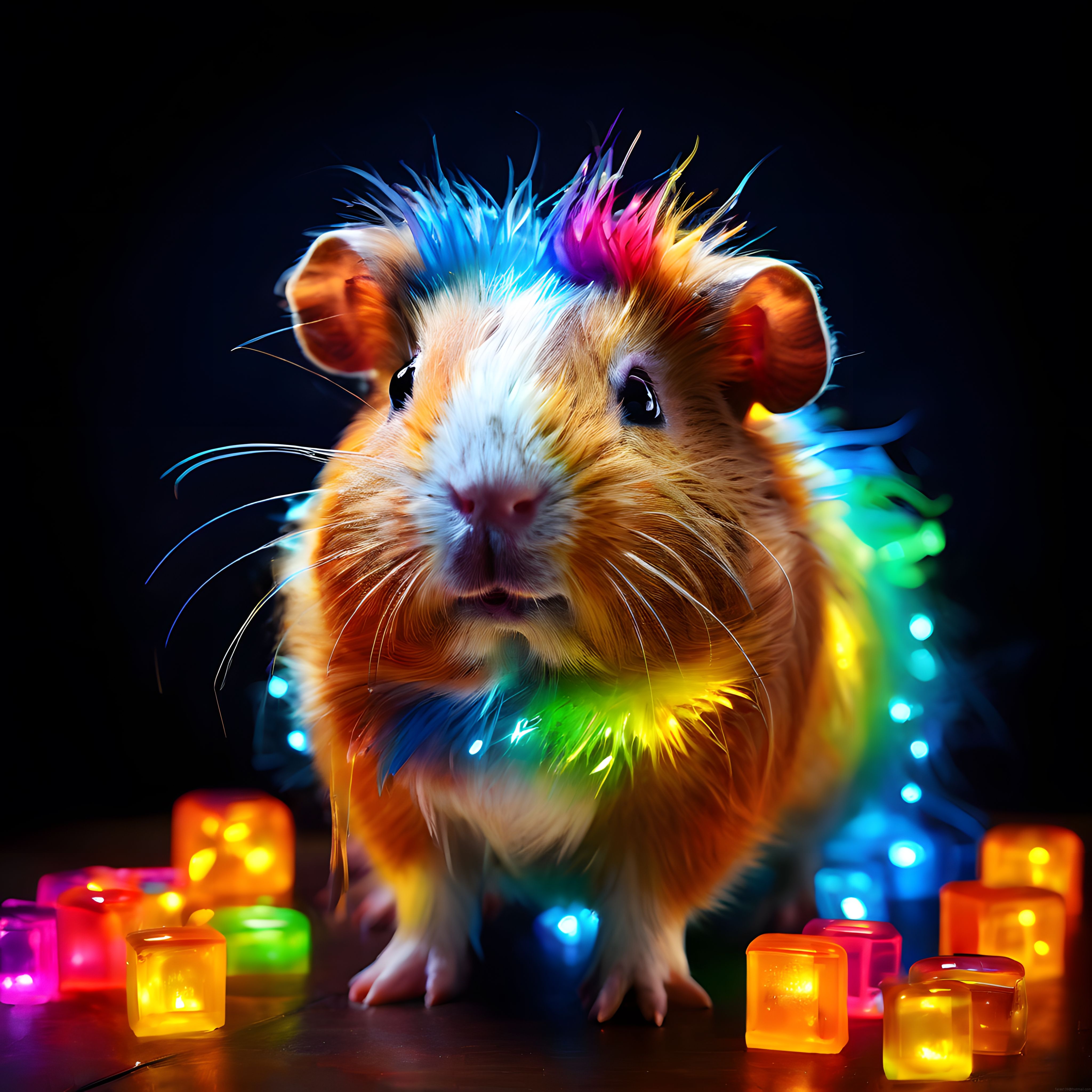 Neon Işıklarla Süslenmiş Renkli Tüylü Sevimli Hamster Portresi