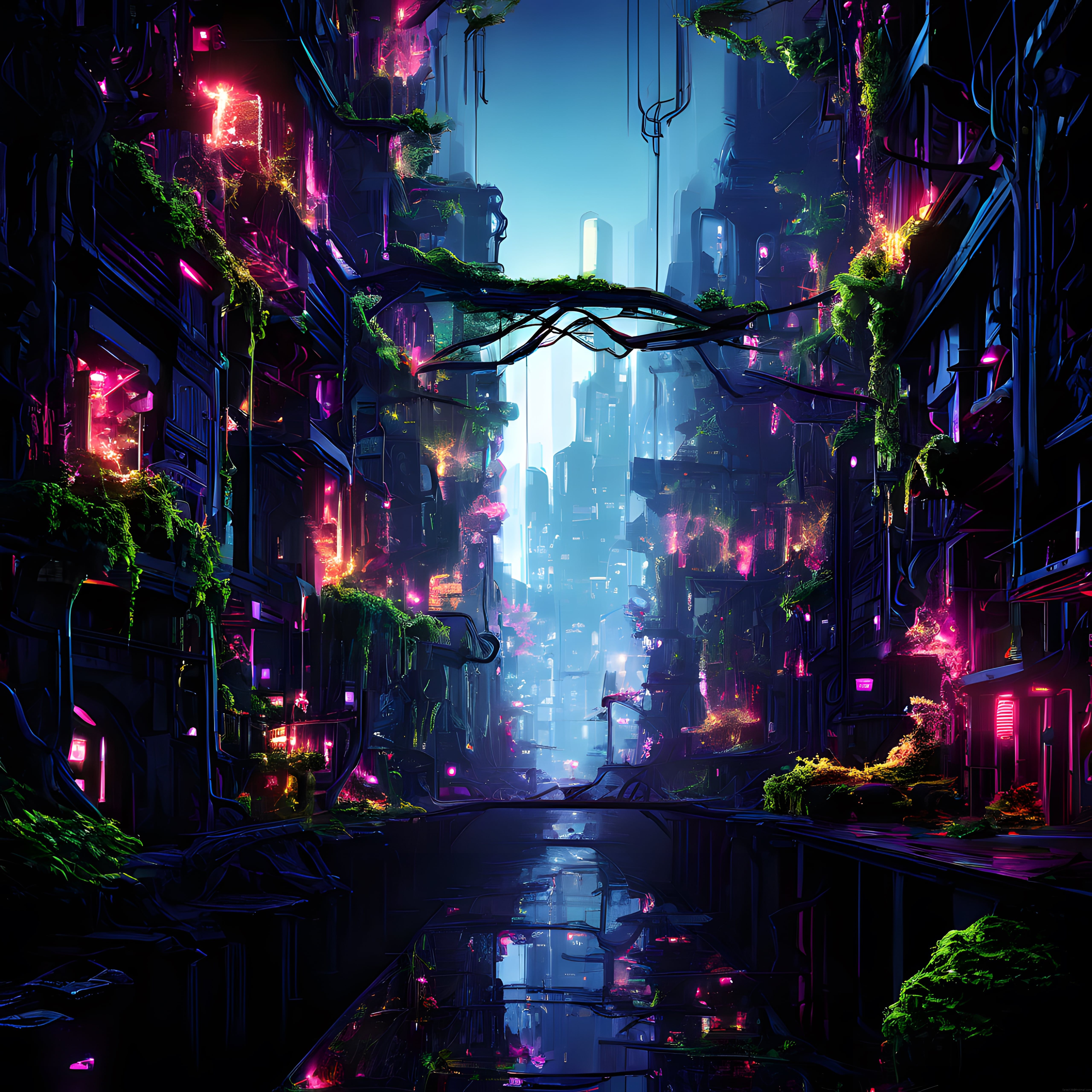 Neon ışıklarla süslü bitkili bir cyberpunk gelecek şehri manzarası