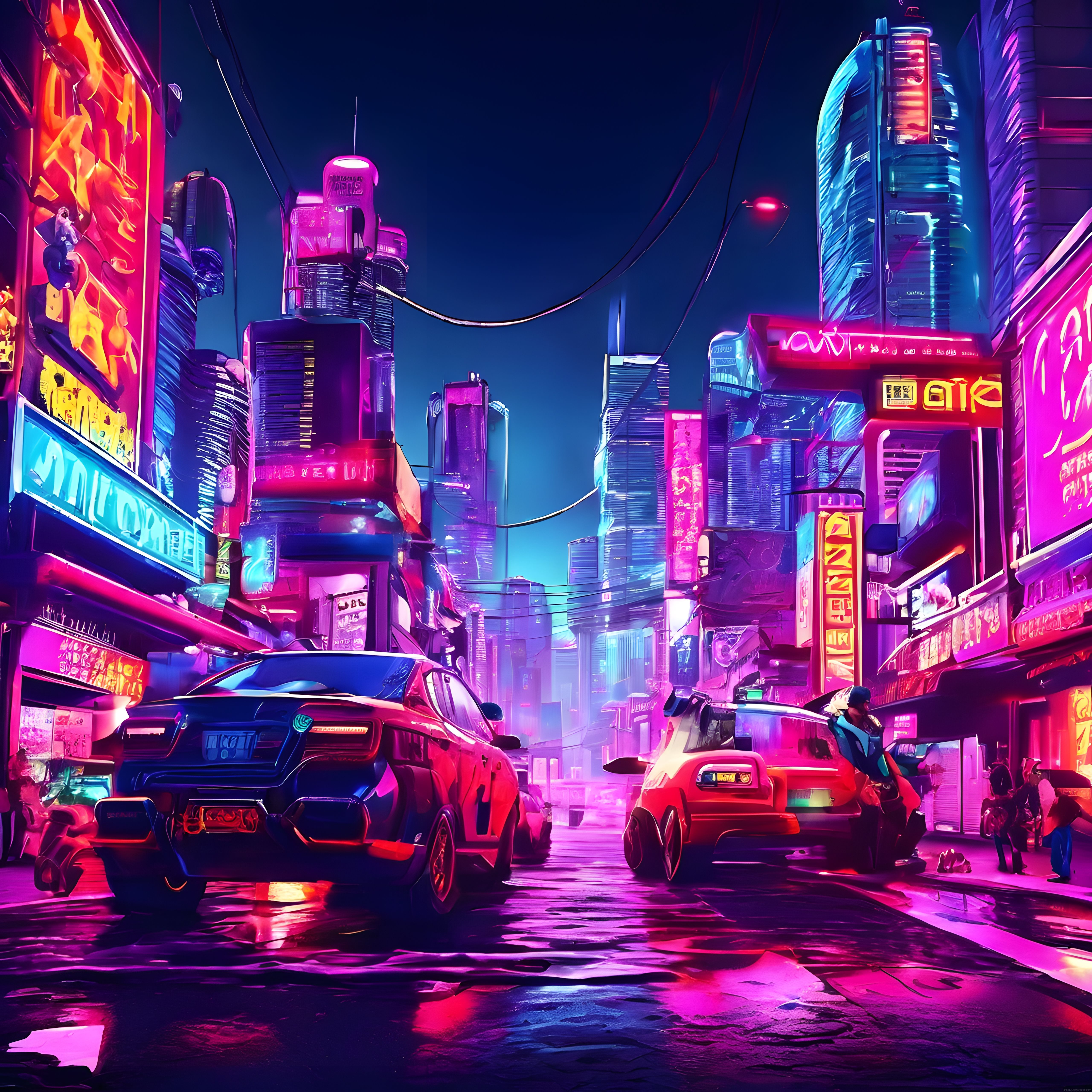Neon ışıklarla süslü cyberpunk metropol gece manzarası ve fütüristik araçlar