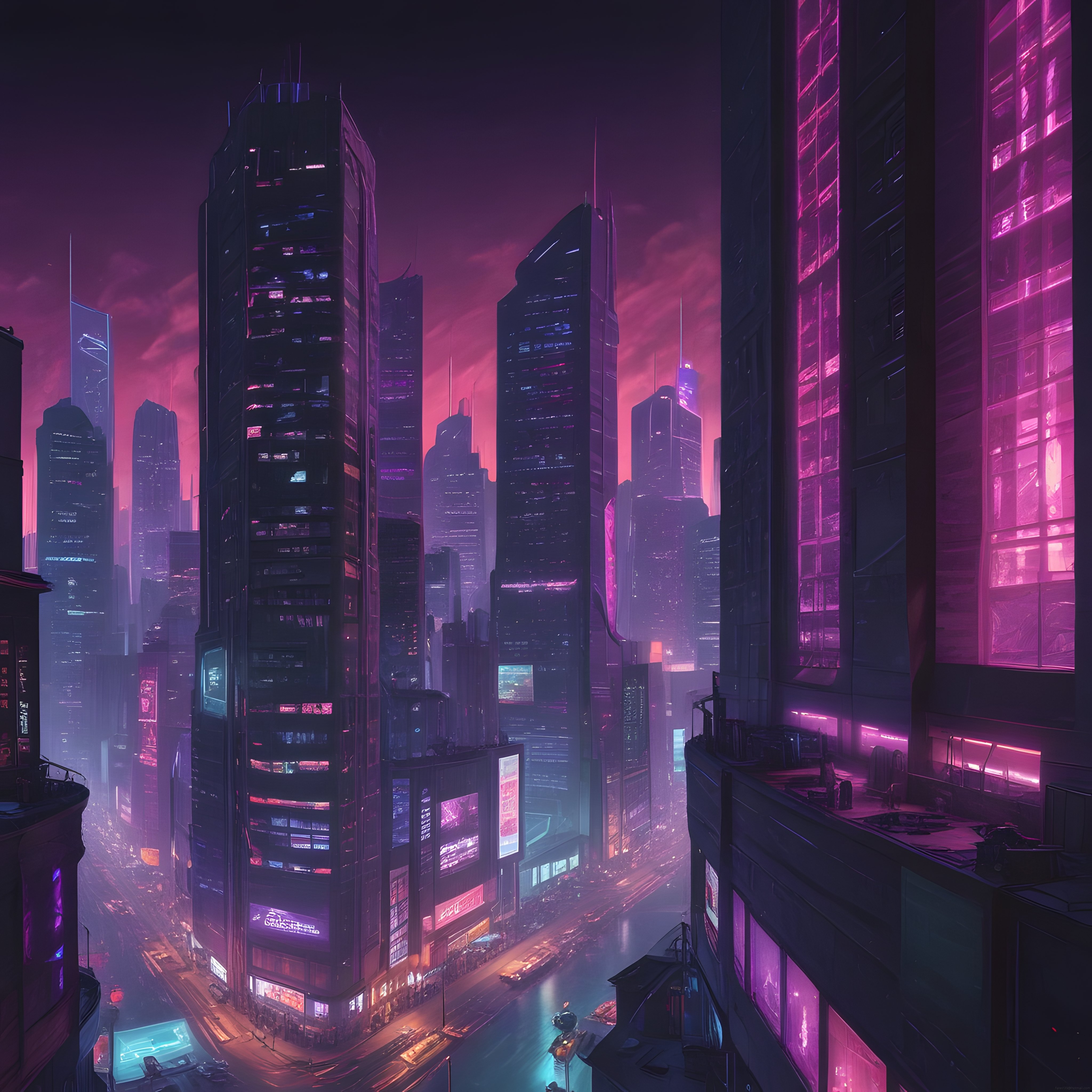 Neon ışıklarla süslü fütüristik cyberpunk şehir manzarası ve gökdelenler