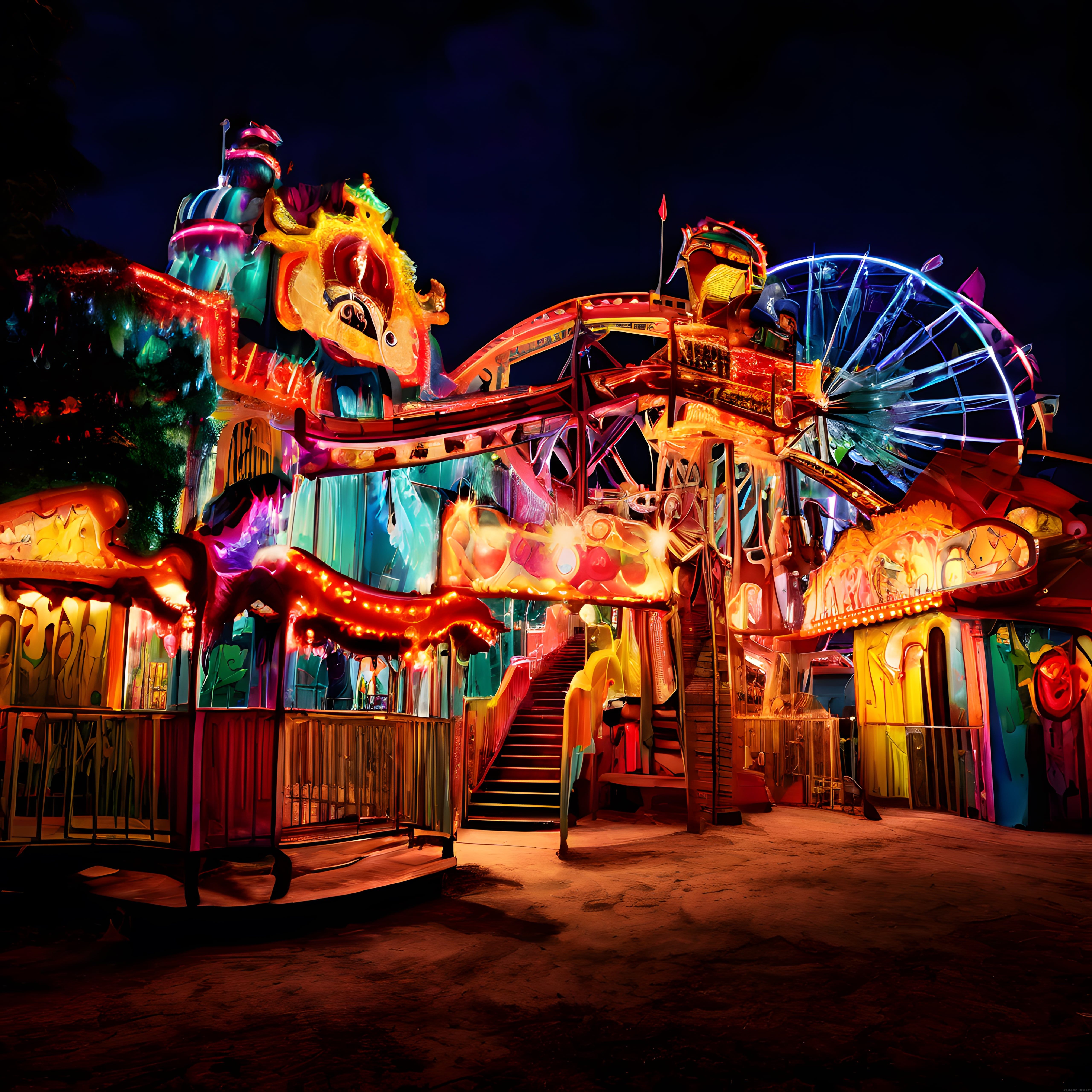 Neon Işıklı Atlıkarınca ve Dönme Dolapla Süslenmiş Gece Lunapark Manzarası