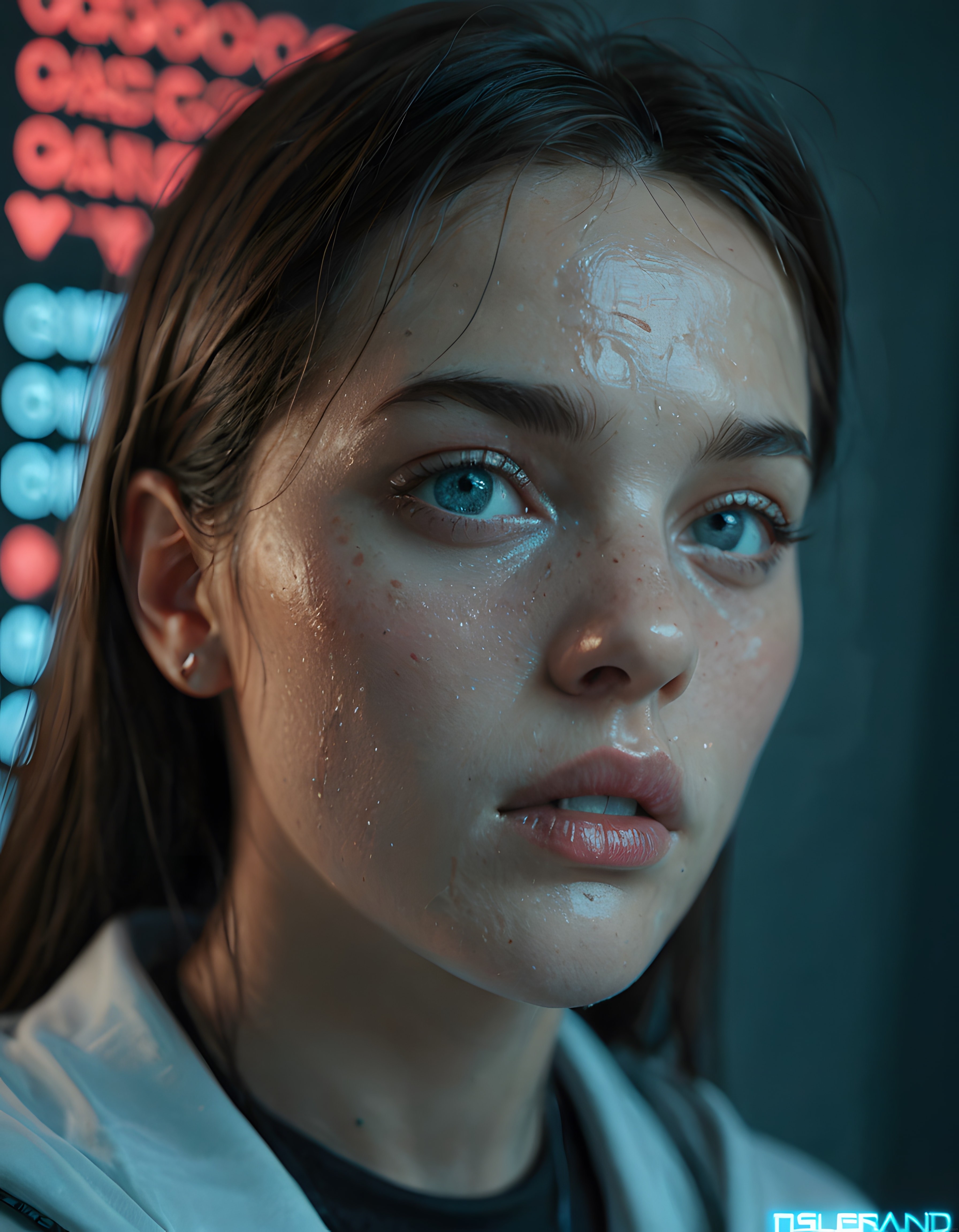 Neon Işıklı Atmosferde Gerçekçi Dijital Kadın Portresi ve 3D Render Detayları