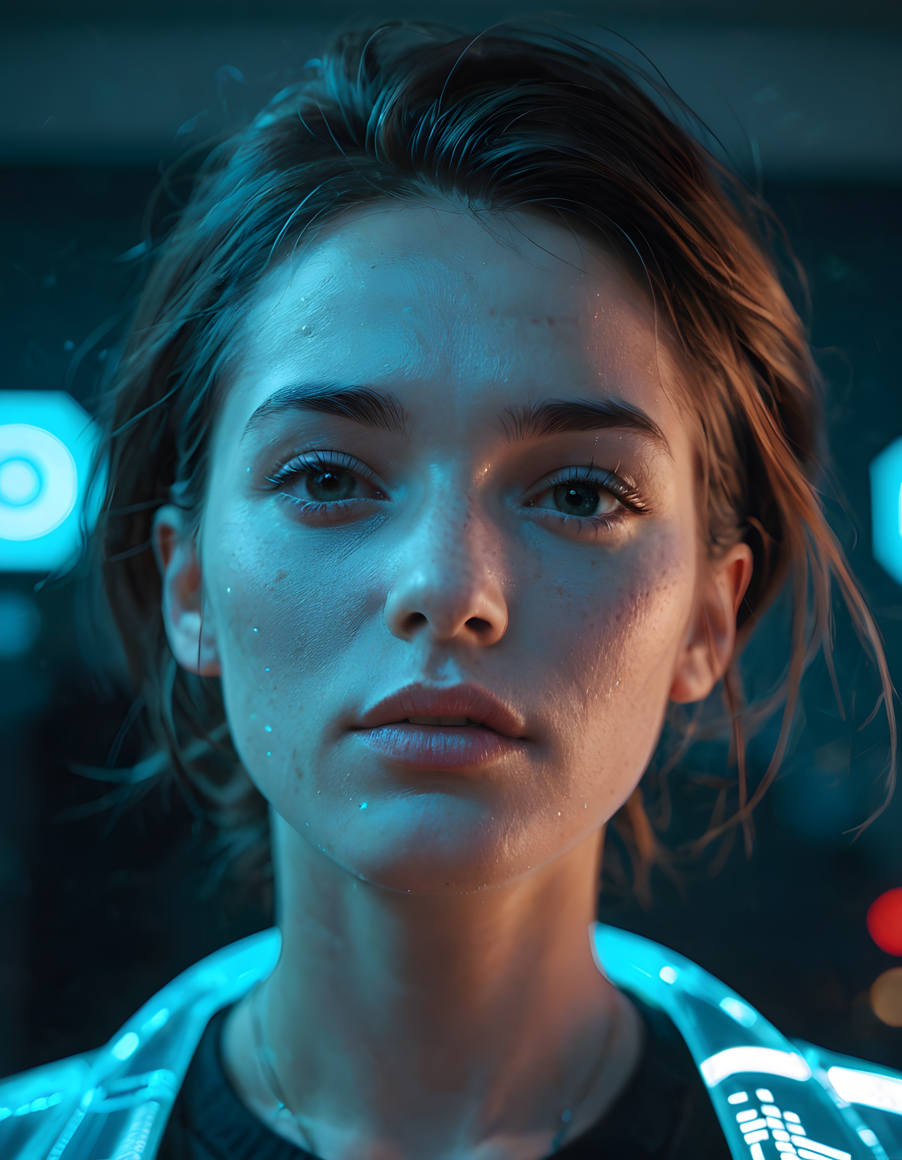 Neon ışıklı bilim kurgu kadın portresi ve geleceğe dönük dijital sanat