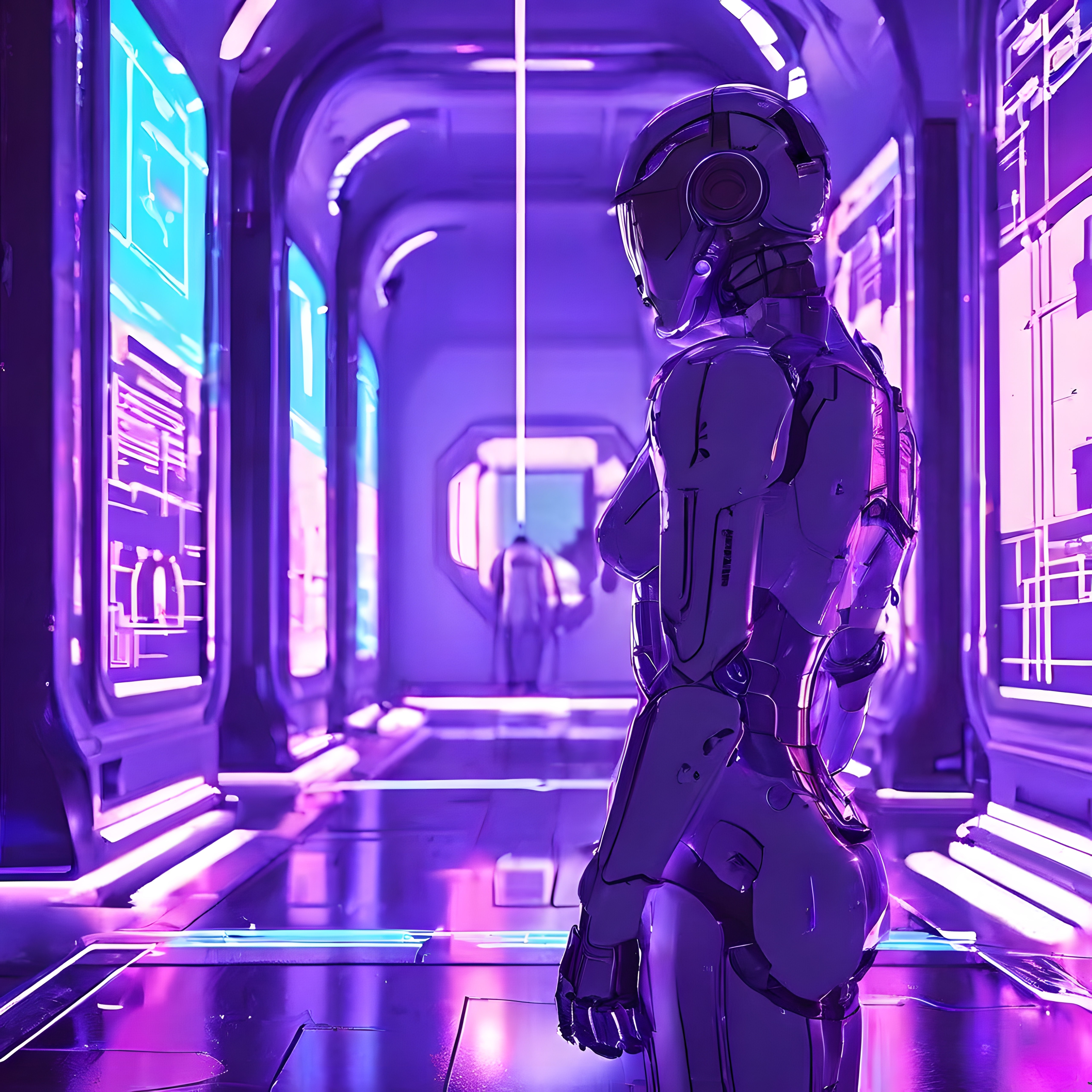 Neon ışıklı bilim kurgu koridorunda duran gizemli android robot