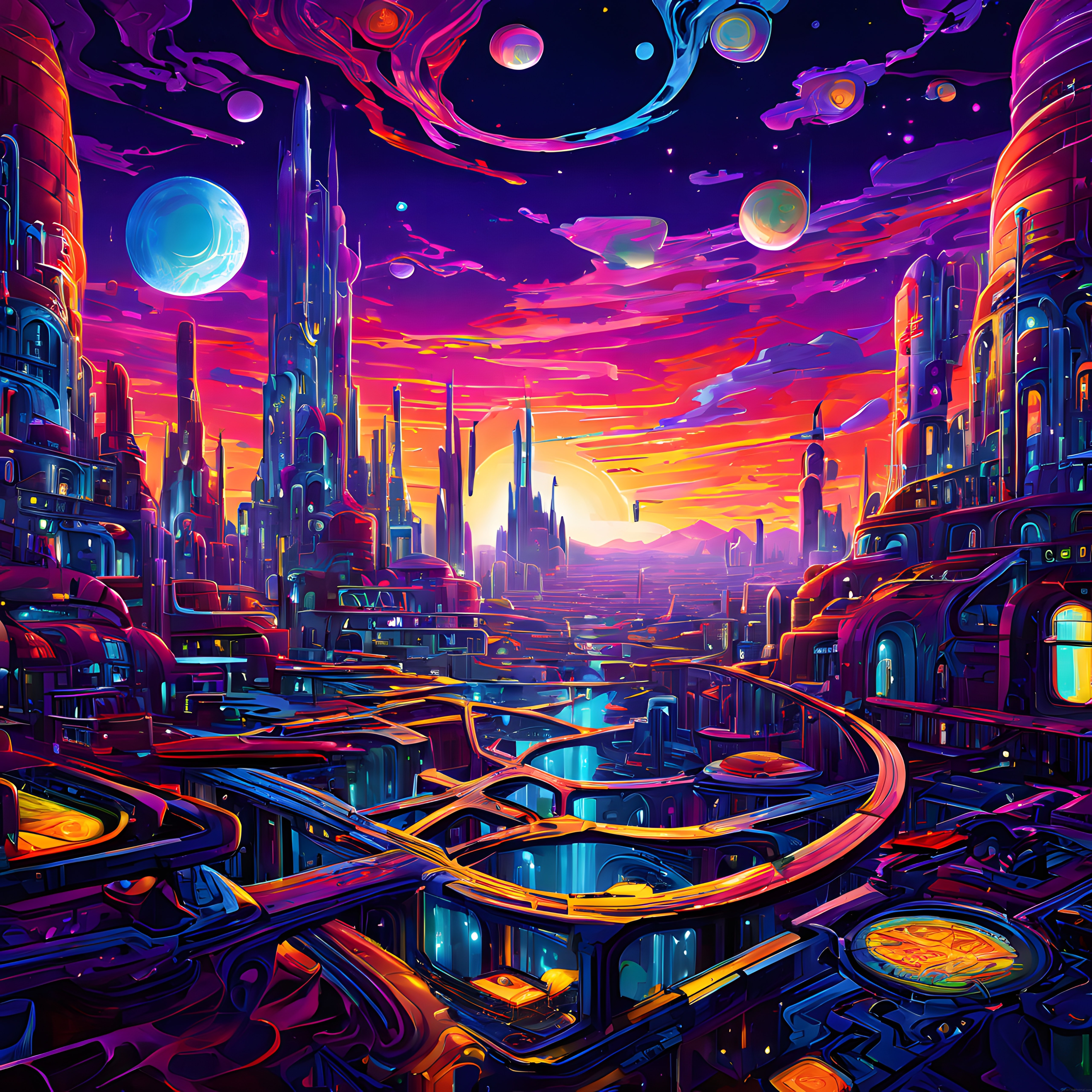 Neon Işıklı Bilim Kurgu Temalı Gelecek Şehri Dijital Sanat Çalışması