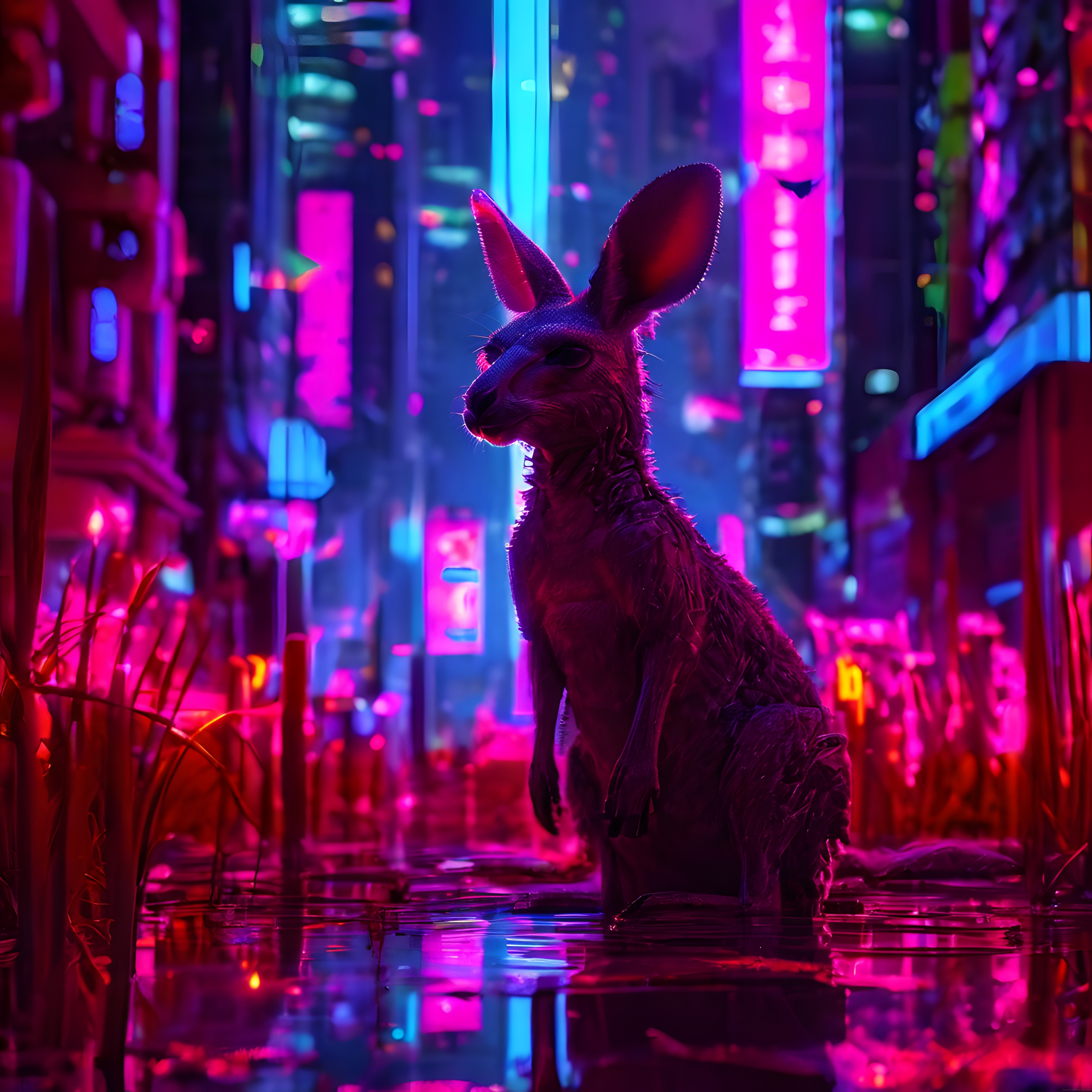 Neon Işıklı Bir Gece Şehrinde Durdurulmuş Cyberpunk Tavşan Heykeli