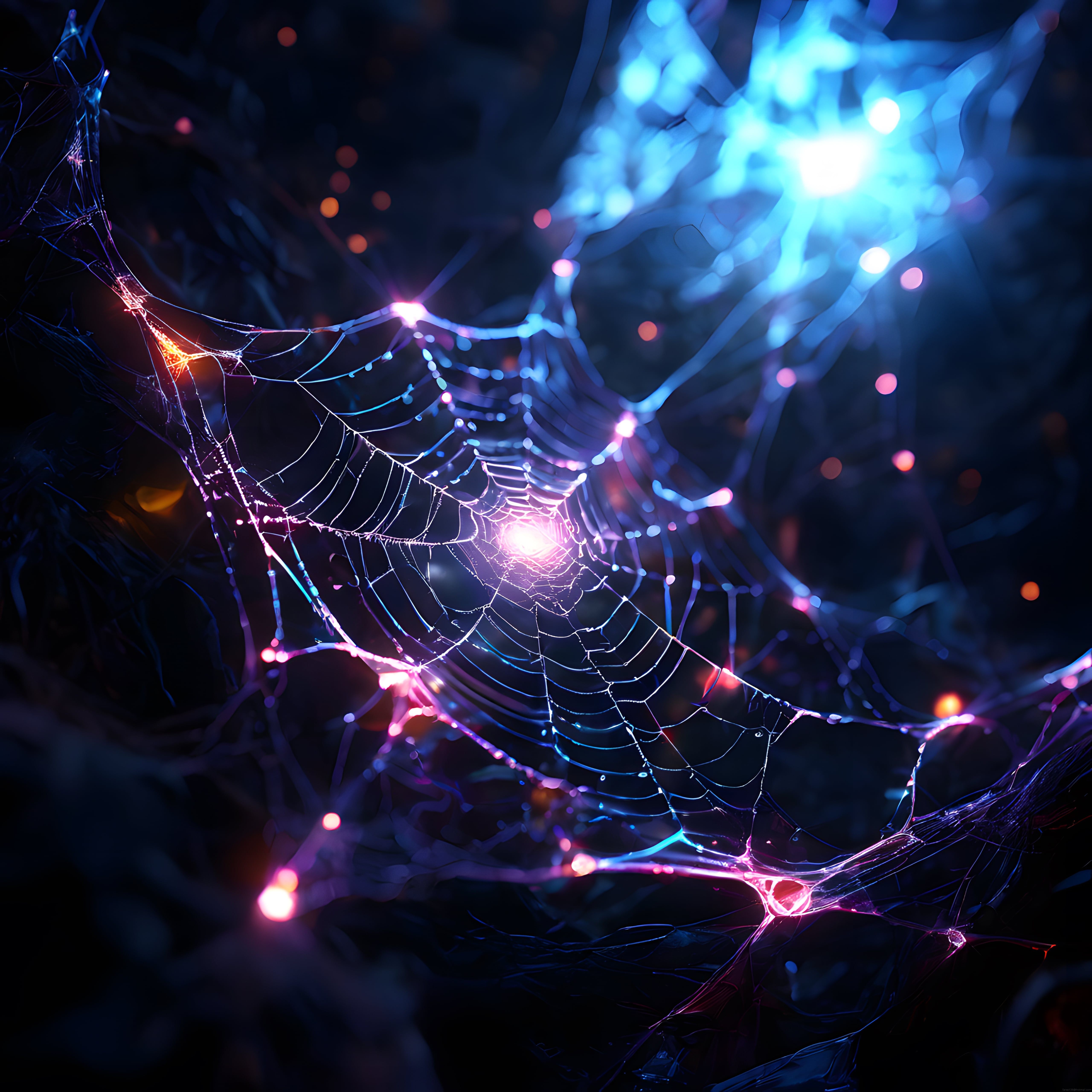 Neon Işıklı Büyüleyici Örümcek Ağı Dijital Sanat ve Fantastik Orman Atmosferi