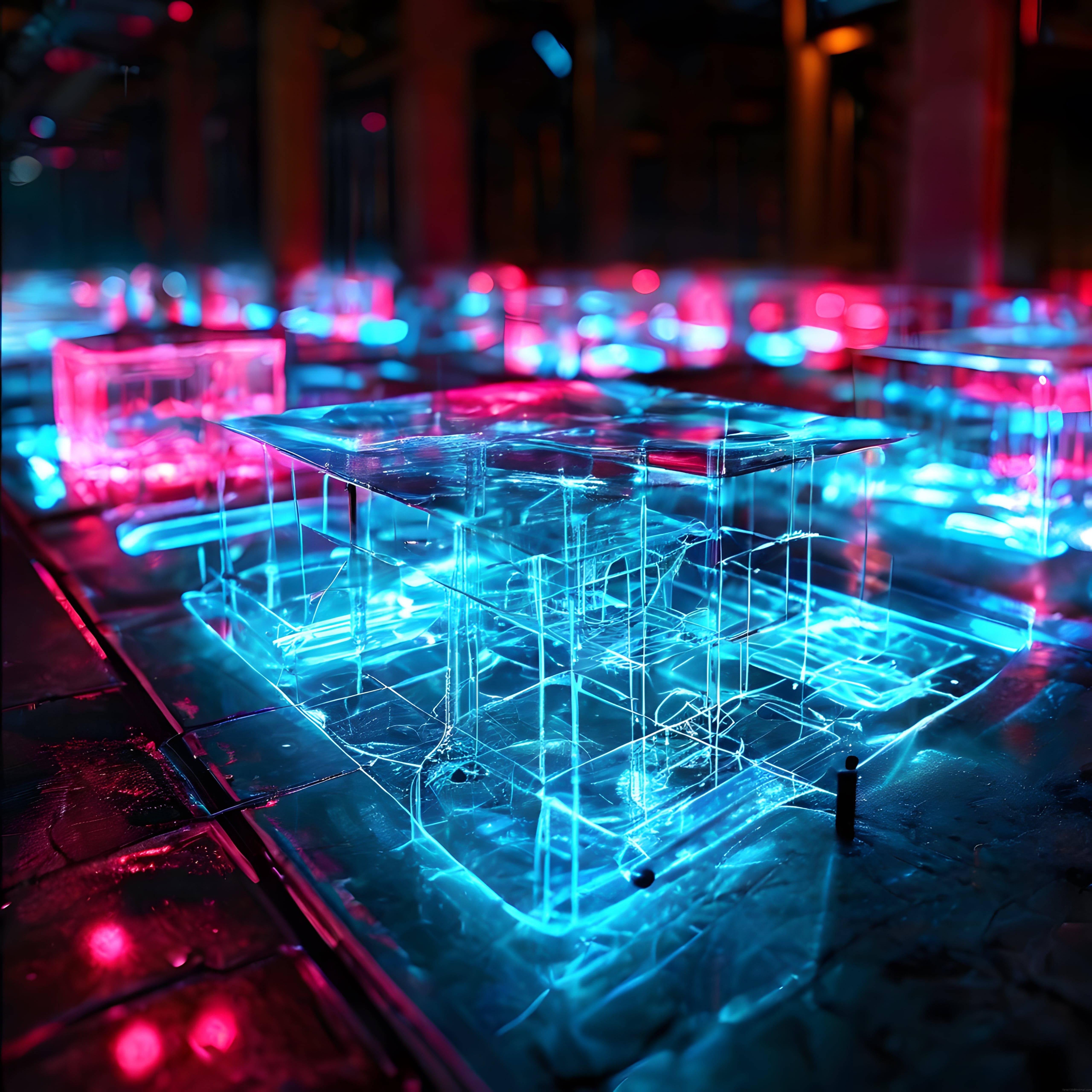 Neon Işıklı Buz Kristalleri ve Geometrik Küplerle Cyberpunk Dijital Sanat