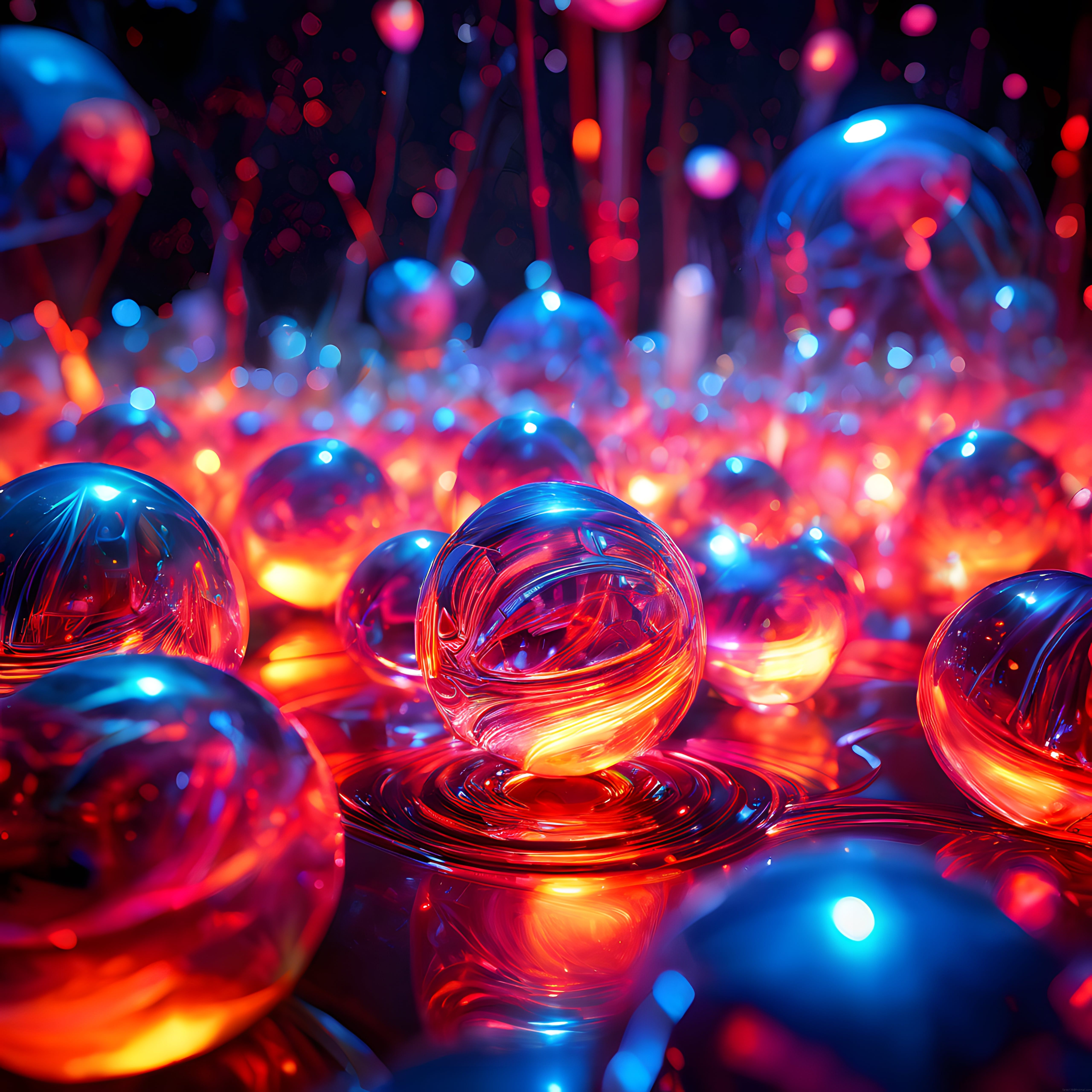 Neon Işıklı Cam Kürelerin Büyüleyici Dijital Sanat Atmosferi