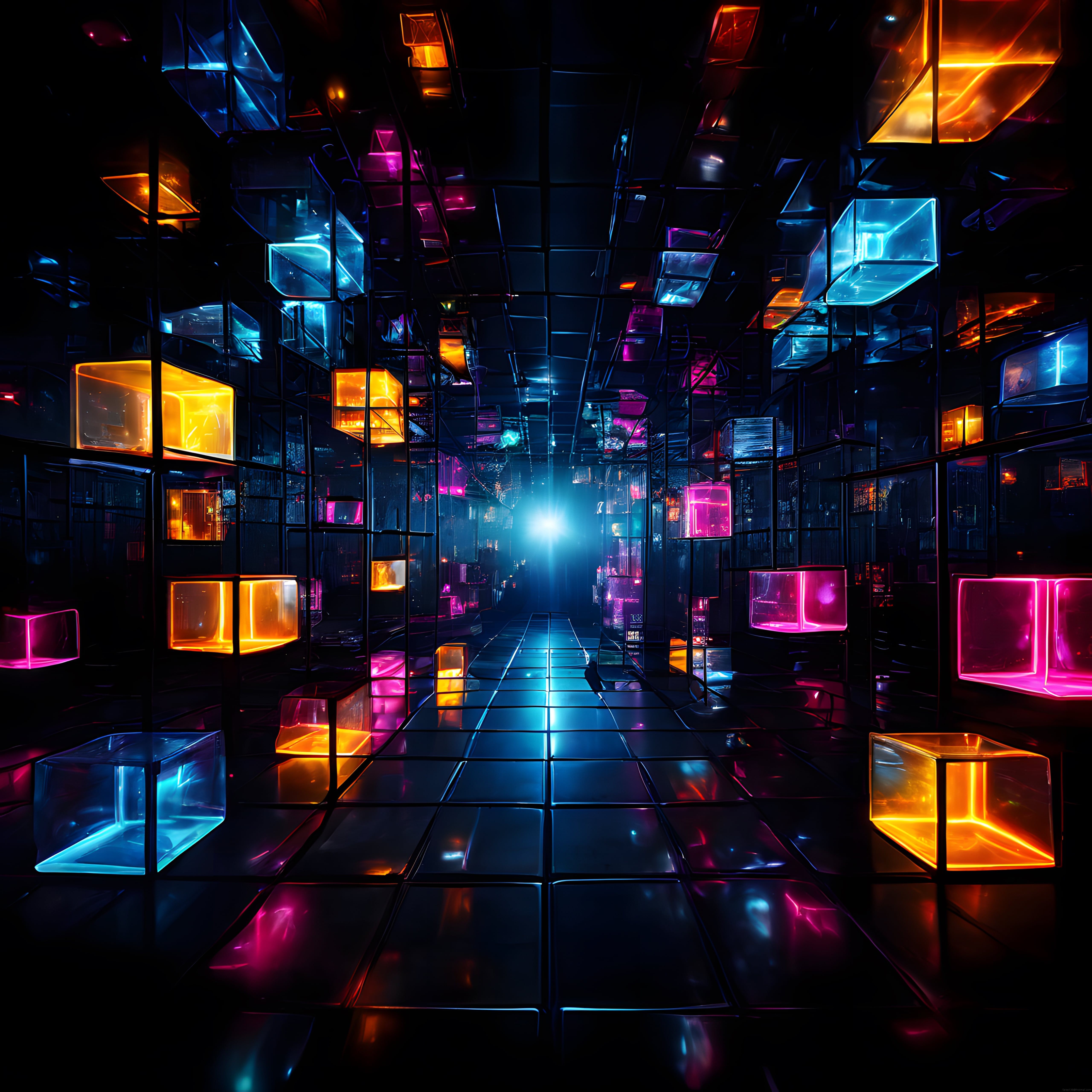 Neon Işıklı Cam Kutulardan Oluşan Futuristik Dijital Sanat Koridoru