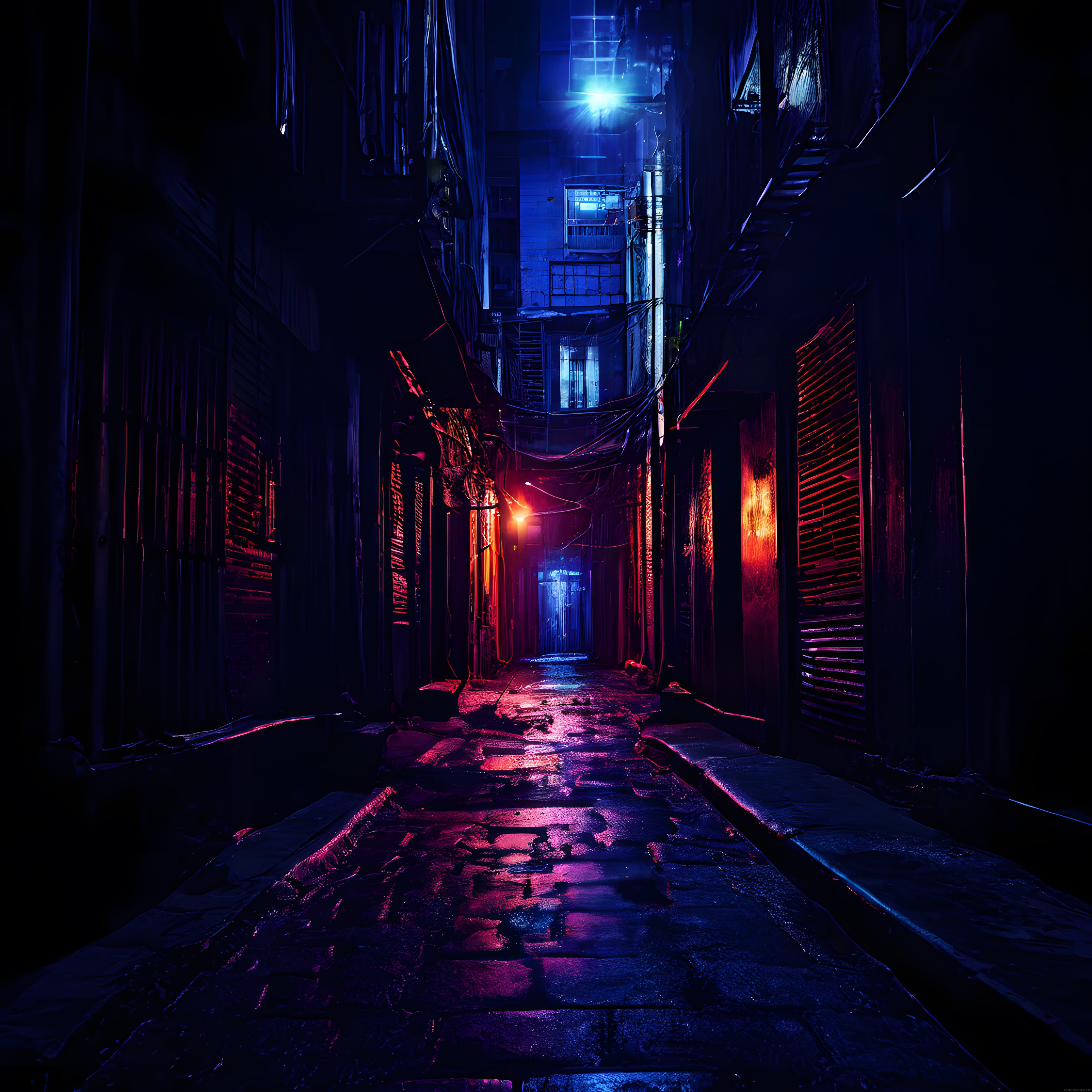 Neon Işıklı Cyberpunk Arka Sokakta Gizemli Gece Atmosferi ve Renkli Yansımalar