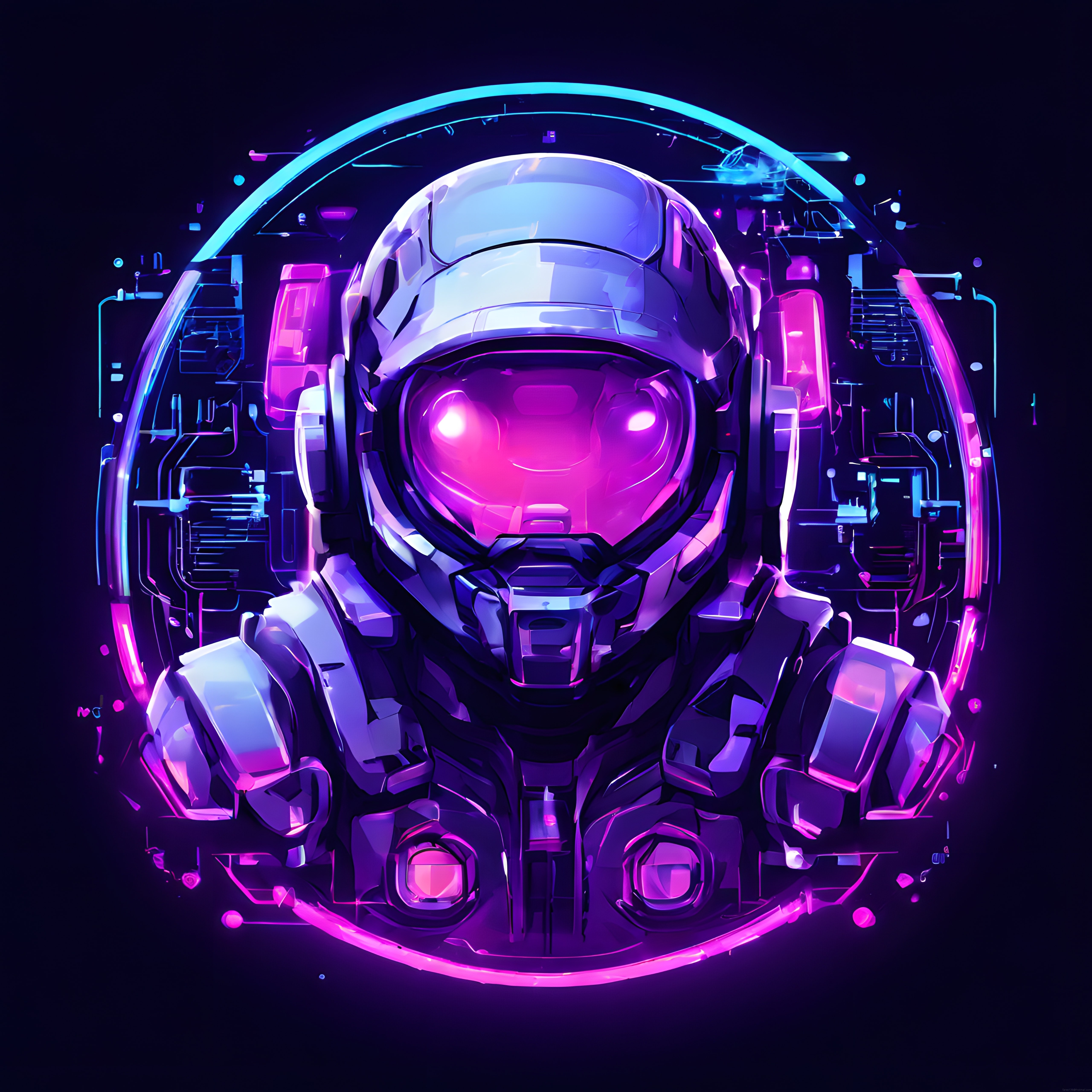 Neon Işıklı Cyberpunk Astronot Kaskı: Mor ve Mavi Dijital Sanat Tasarımı