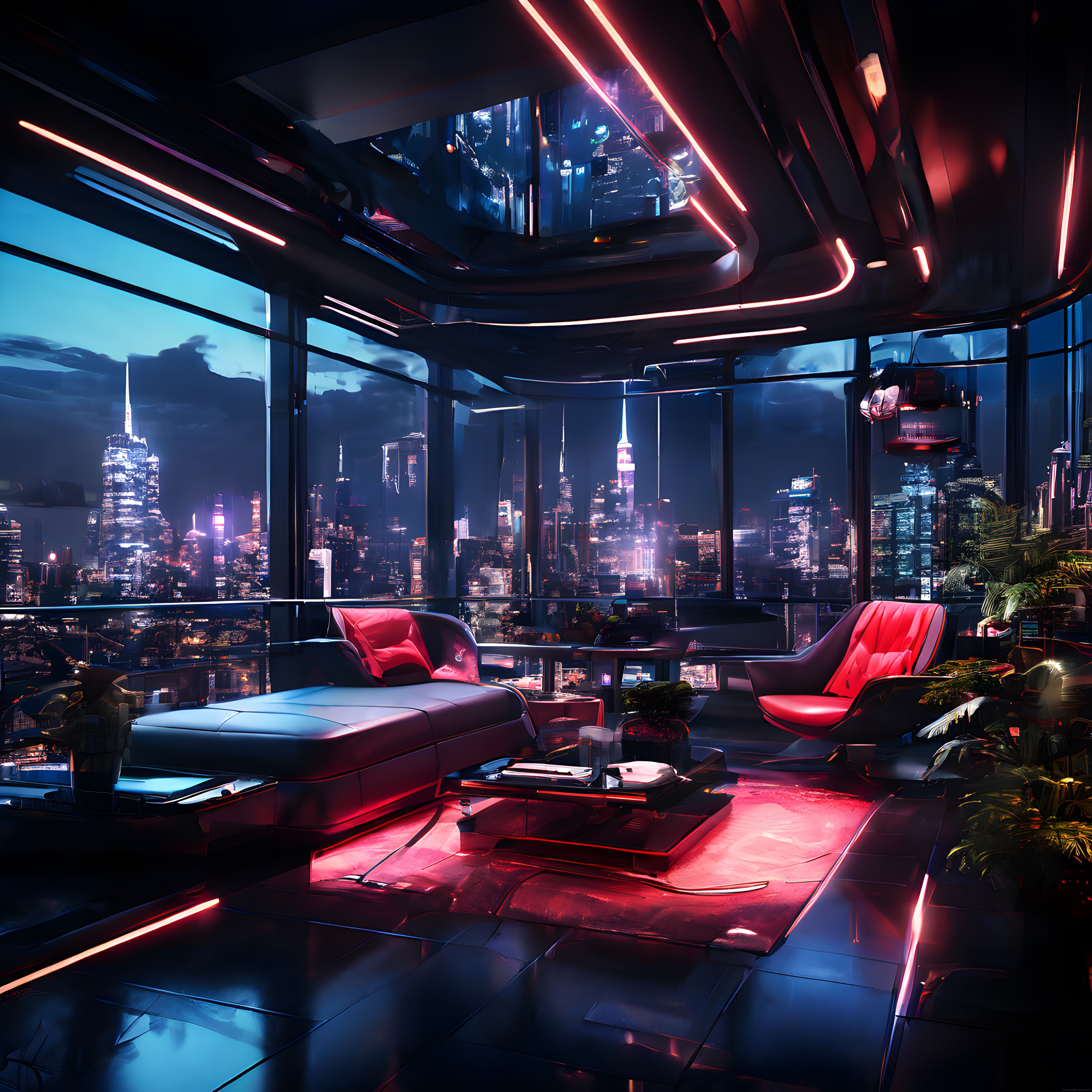 Neon Işıklı Cyberpunk Dairede Geleceğin Metropol Manzarası Keyfi