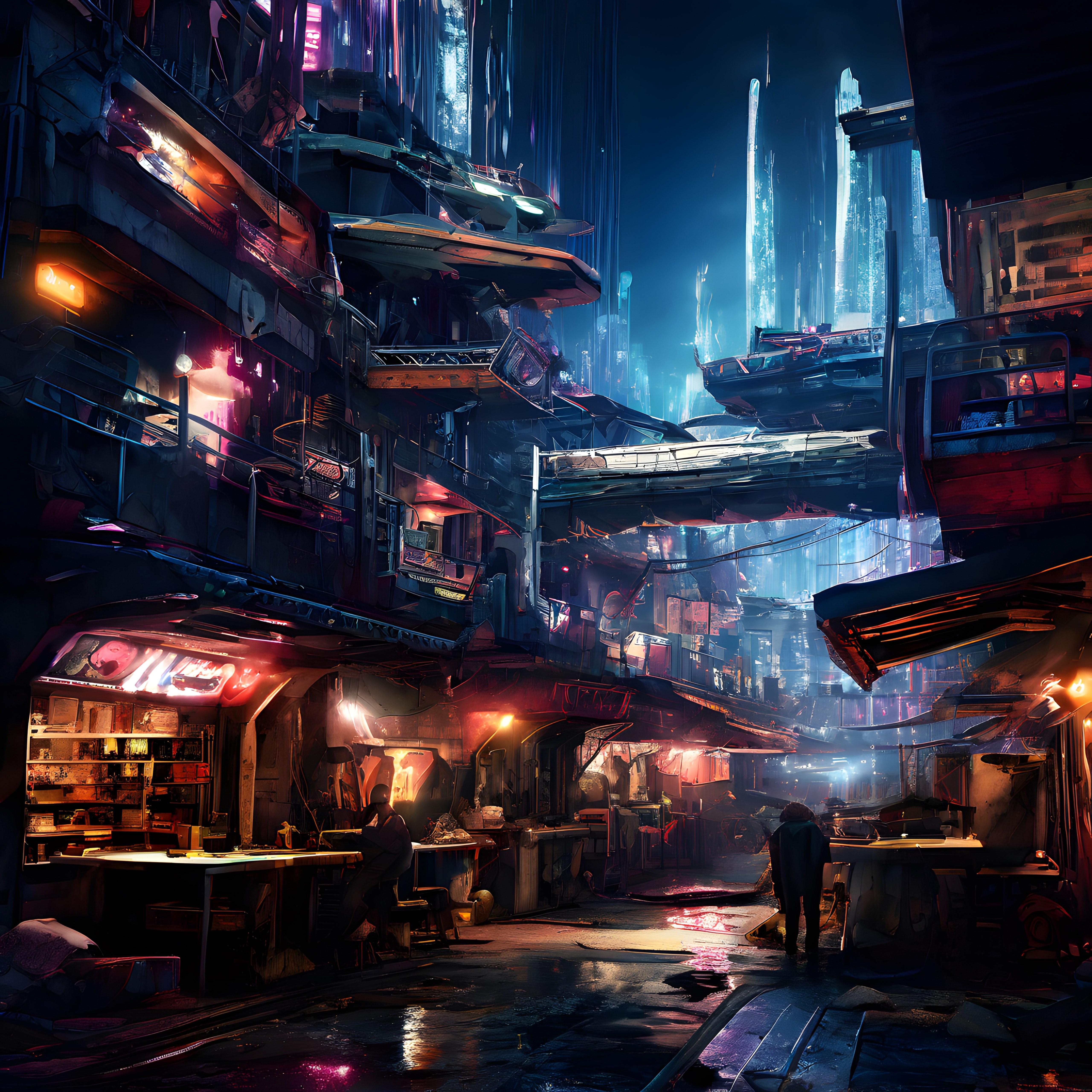 Neon Işıklı Cyberpunk Gece Sokağı ve Fütüristik Kent Manzarası
