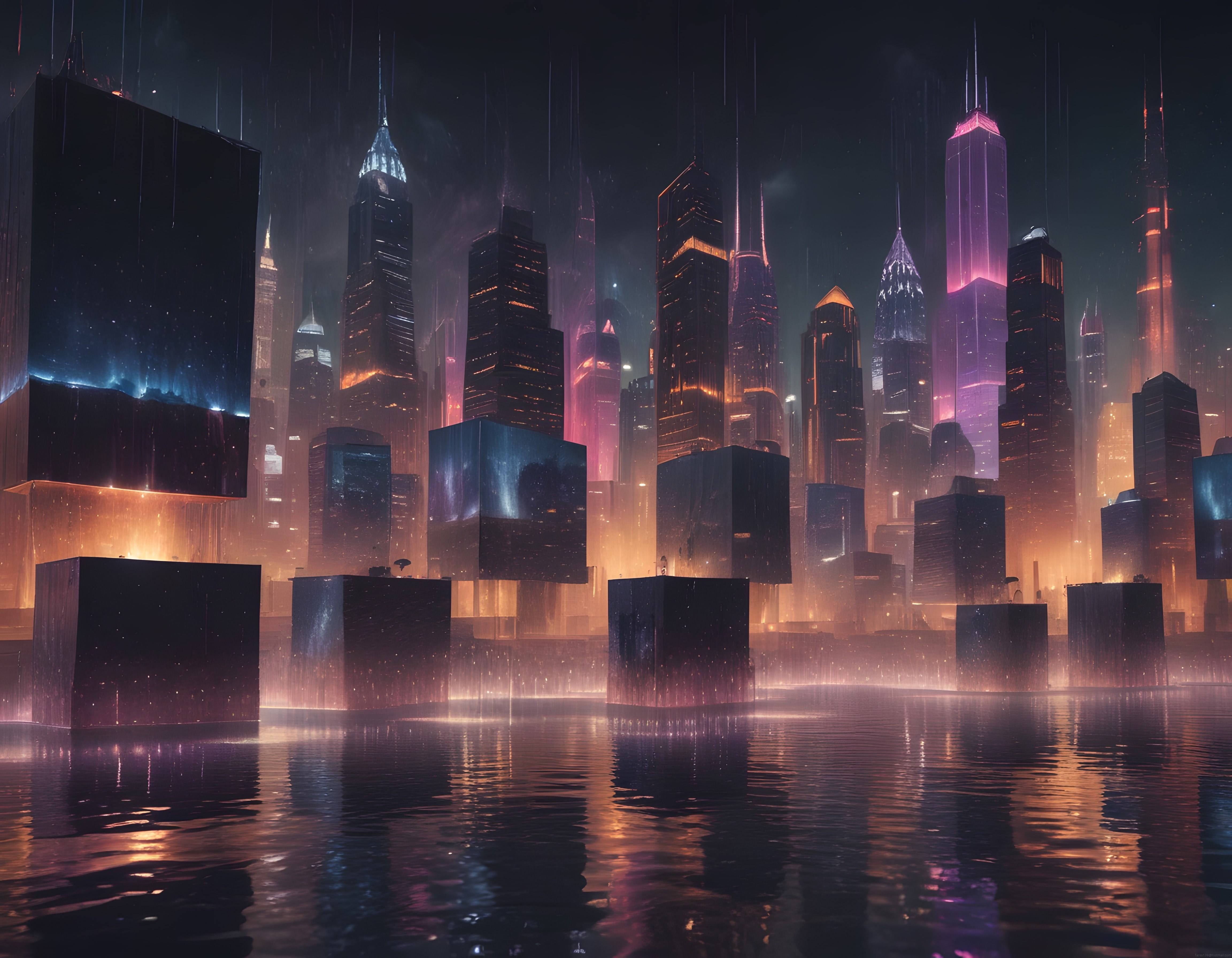 Neon Işıklı Cyberpunk Gelecek Şehir ve Su Üzerindeki Gizemli Siyah Küpler