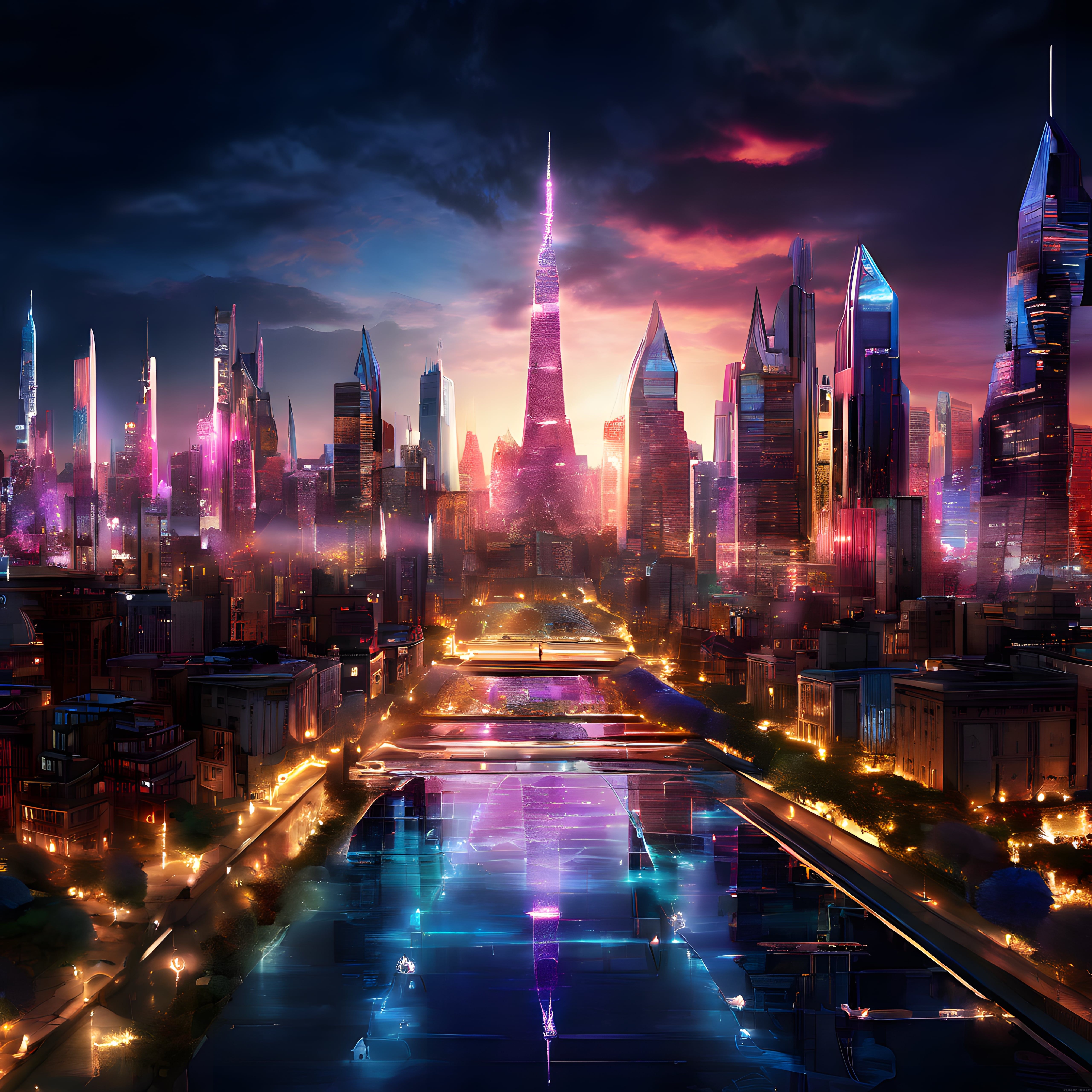 Neon ışıklı cyberpunk gelecek şehrinde büyüleyici gece manzarası ve gökdelenler