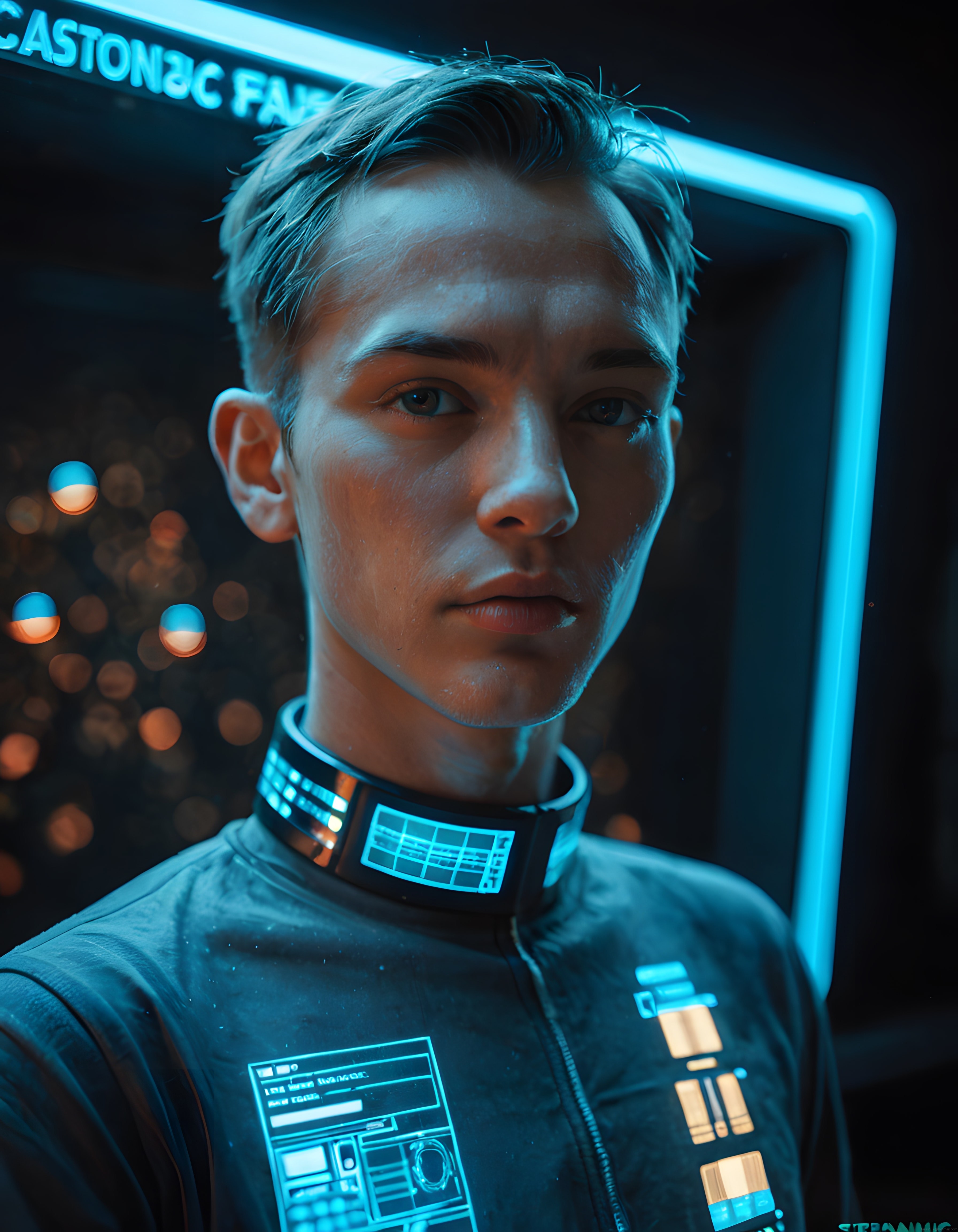 Neon ışıklı cyberpunk karakter portresi ve distopik gelecek teması
