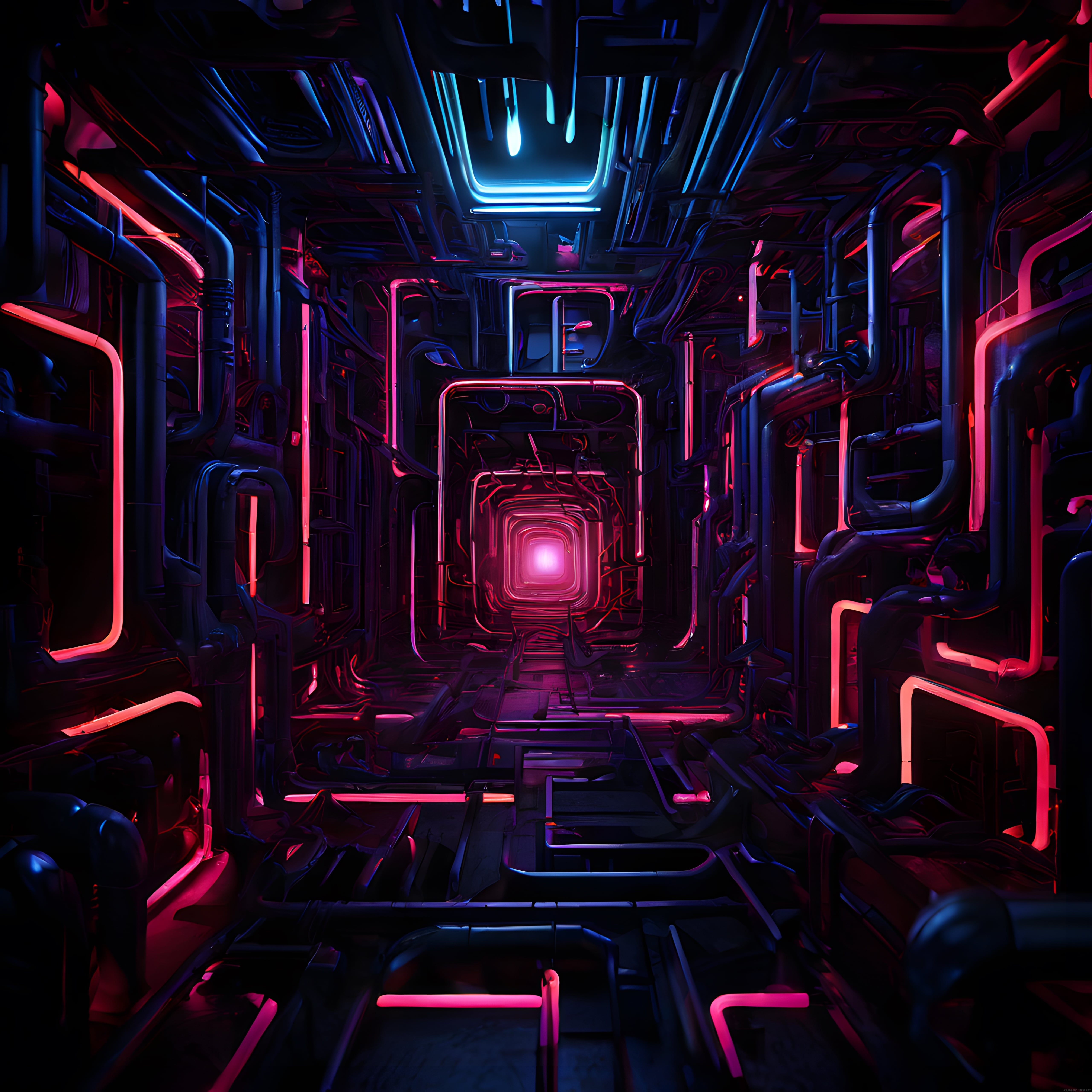 Neon Işıklı Cyberpunk Koridor: Geleceğin Derinliklerine Büyüleyici Yolculuk