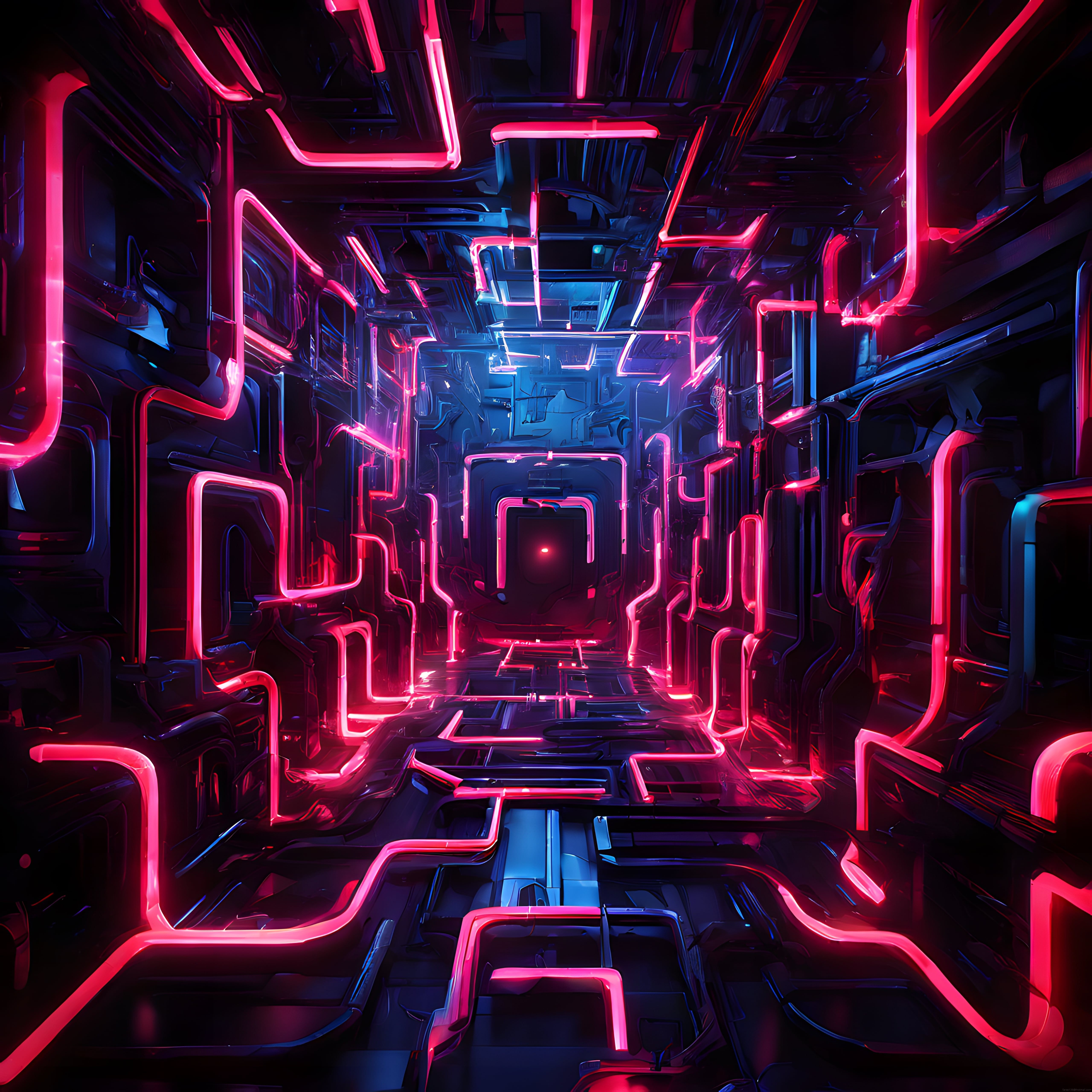Neon Işıklı Cyberpunk Koridor: Geleceğin Metal ve Renkli Uzay Geçidi Tasarımı