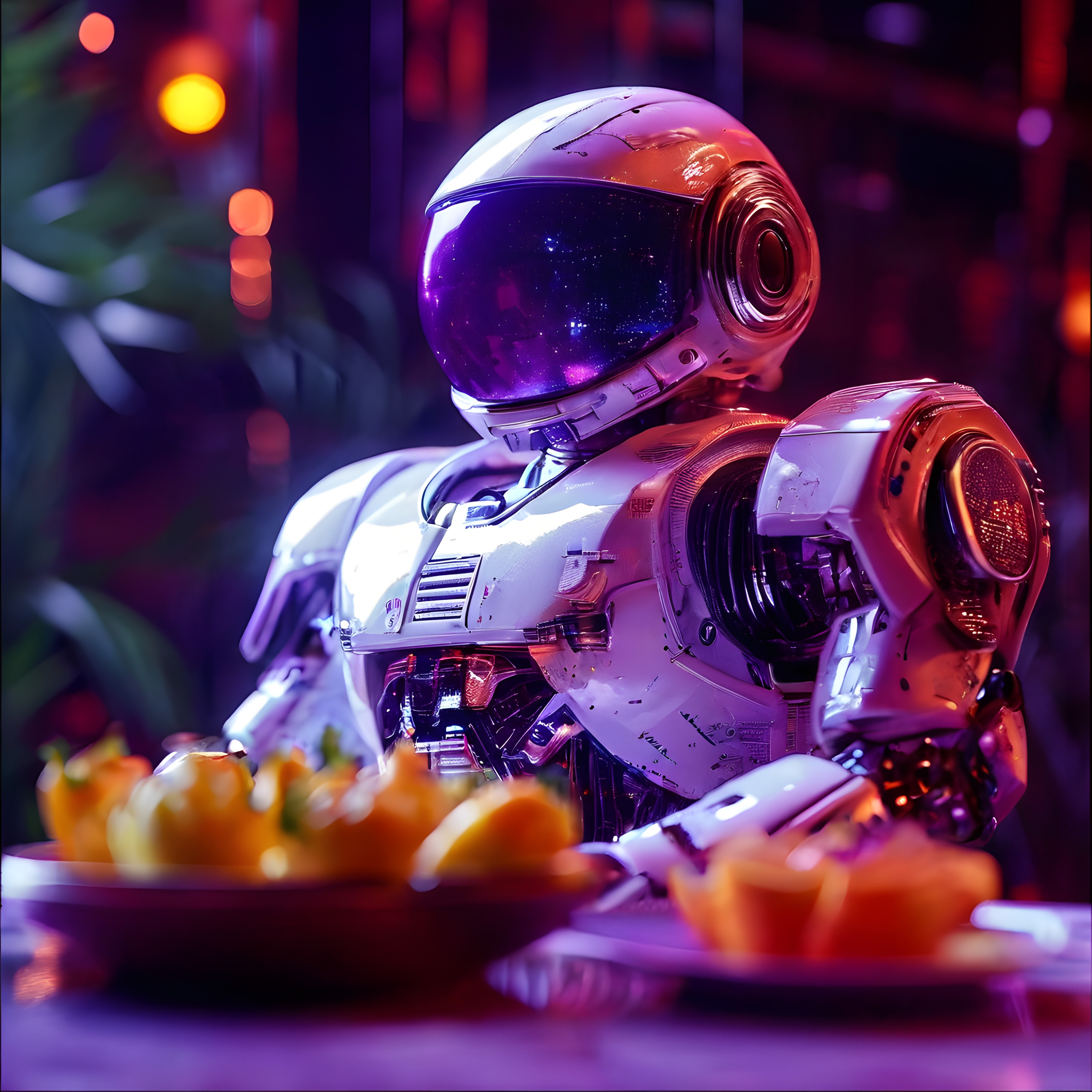 Neon ışıklı cyberpunk mekanda suşi yiyen fütüristik astronot robot