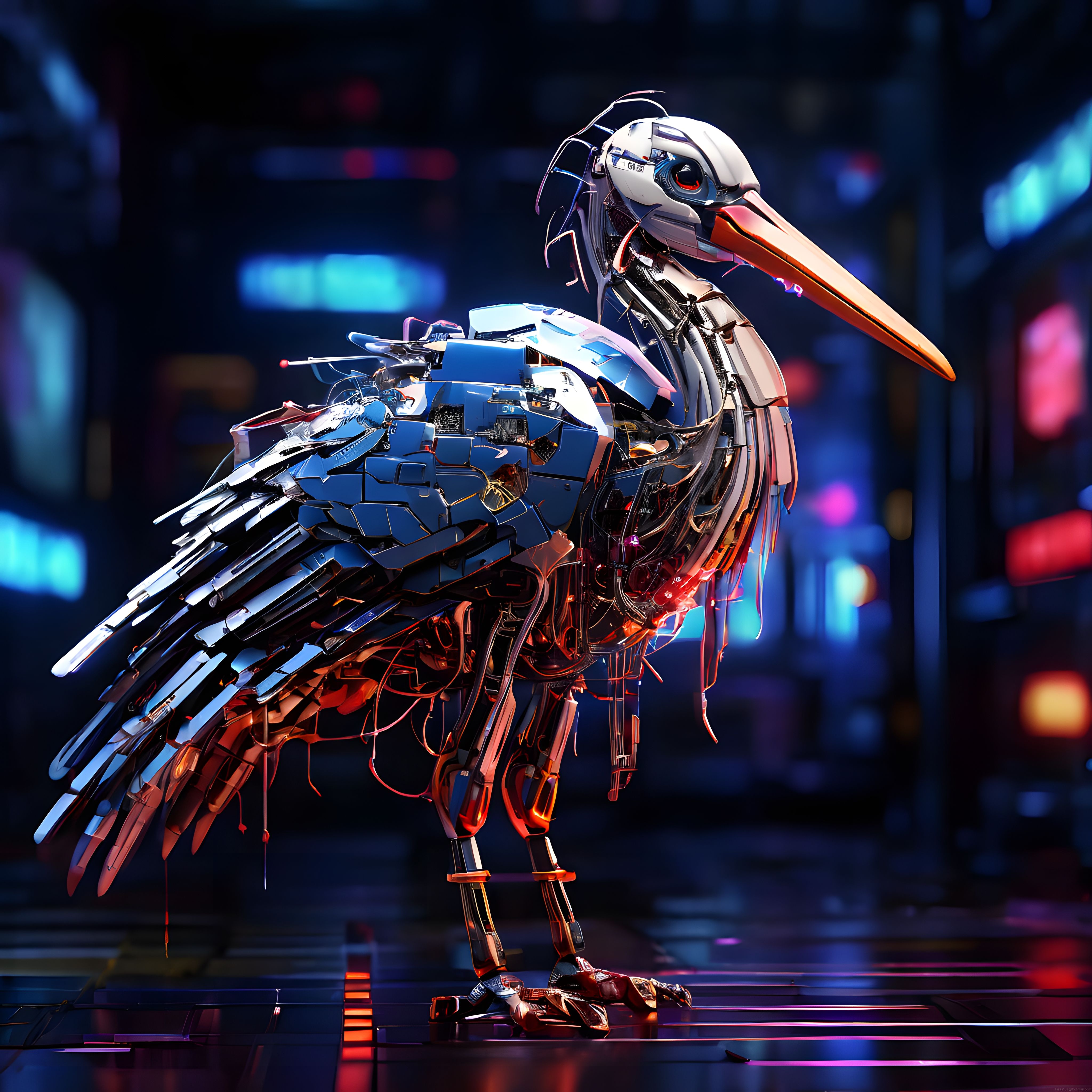 Neon Işıklı Cyberpunk Mekanik Kuş: Geleceğin Biyomimetik Robot Tasarımı