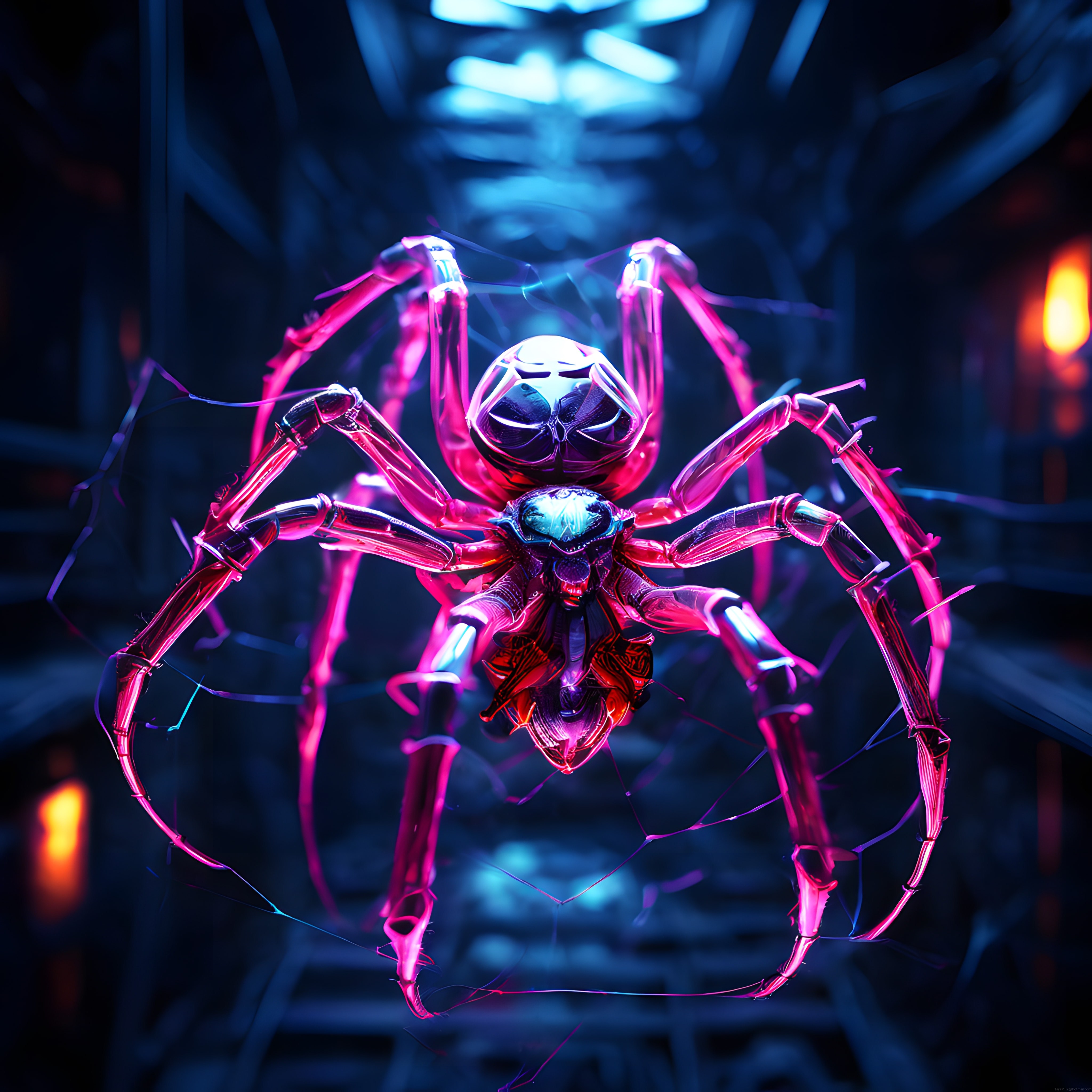 Neon Işıklı Cyberpunk Mekanik Örümcek: Geleceğin Robotik Yaratığı