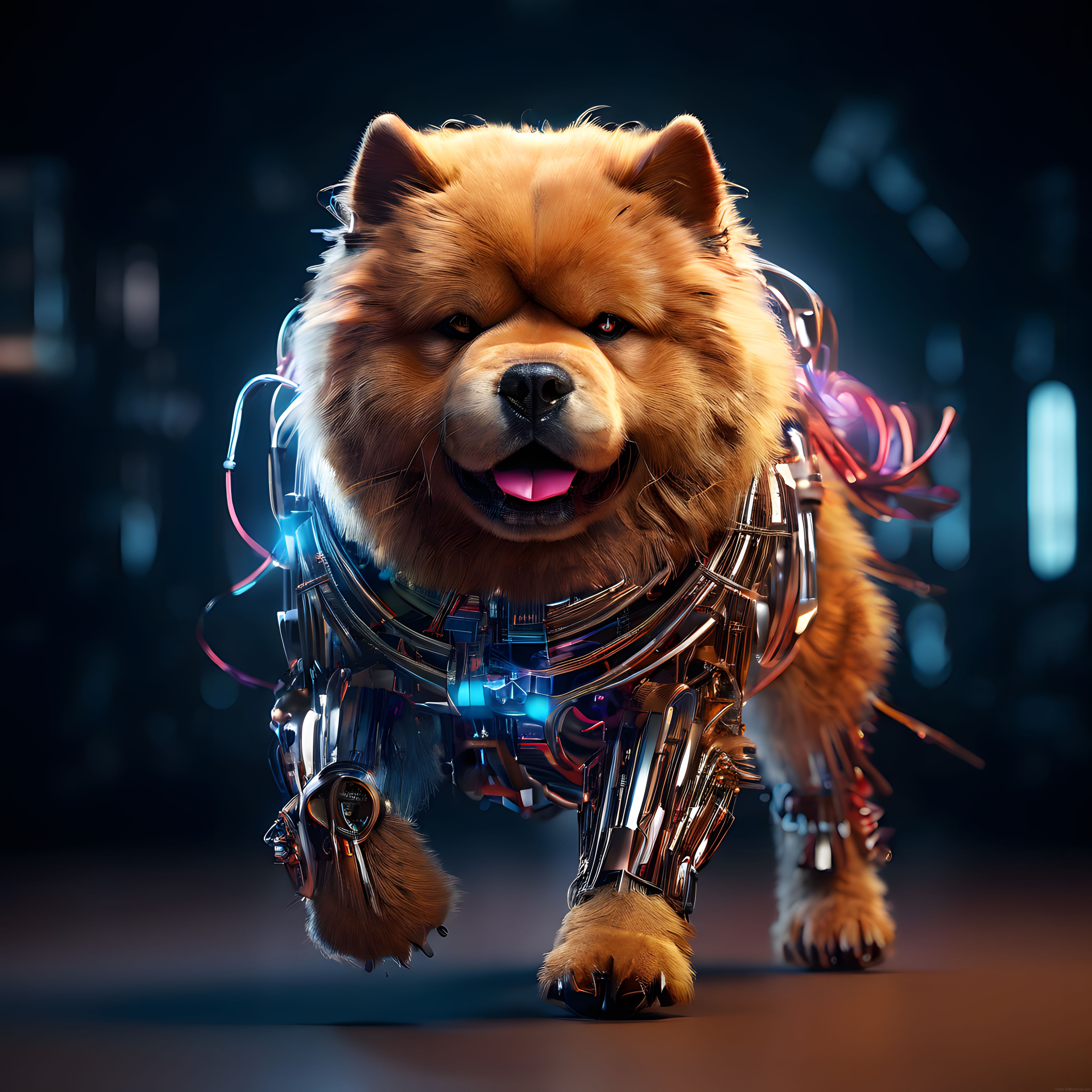 Neon Işıklı Cyberpunk Mekanik Zırhlı Chow Chow Köpek Dijital Sanat