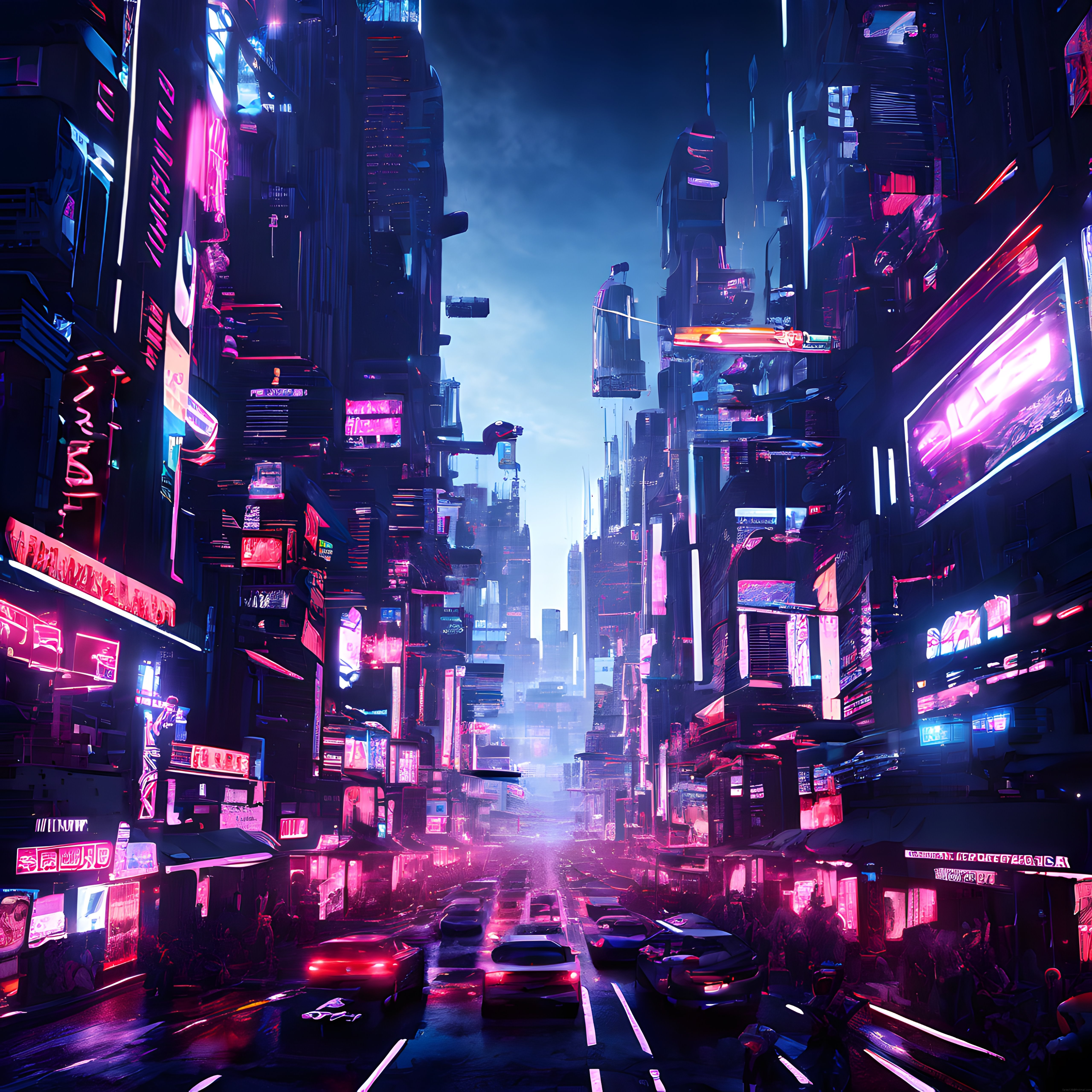 Neon Işıklı Cyberpunk Metropol: Geleceğin Distopik Şehir Manzarası ve Uçan Arabalar