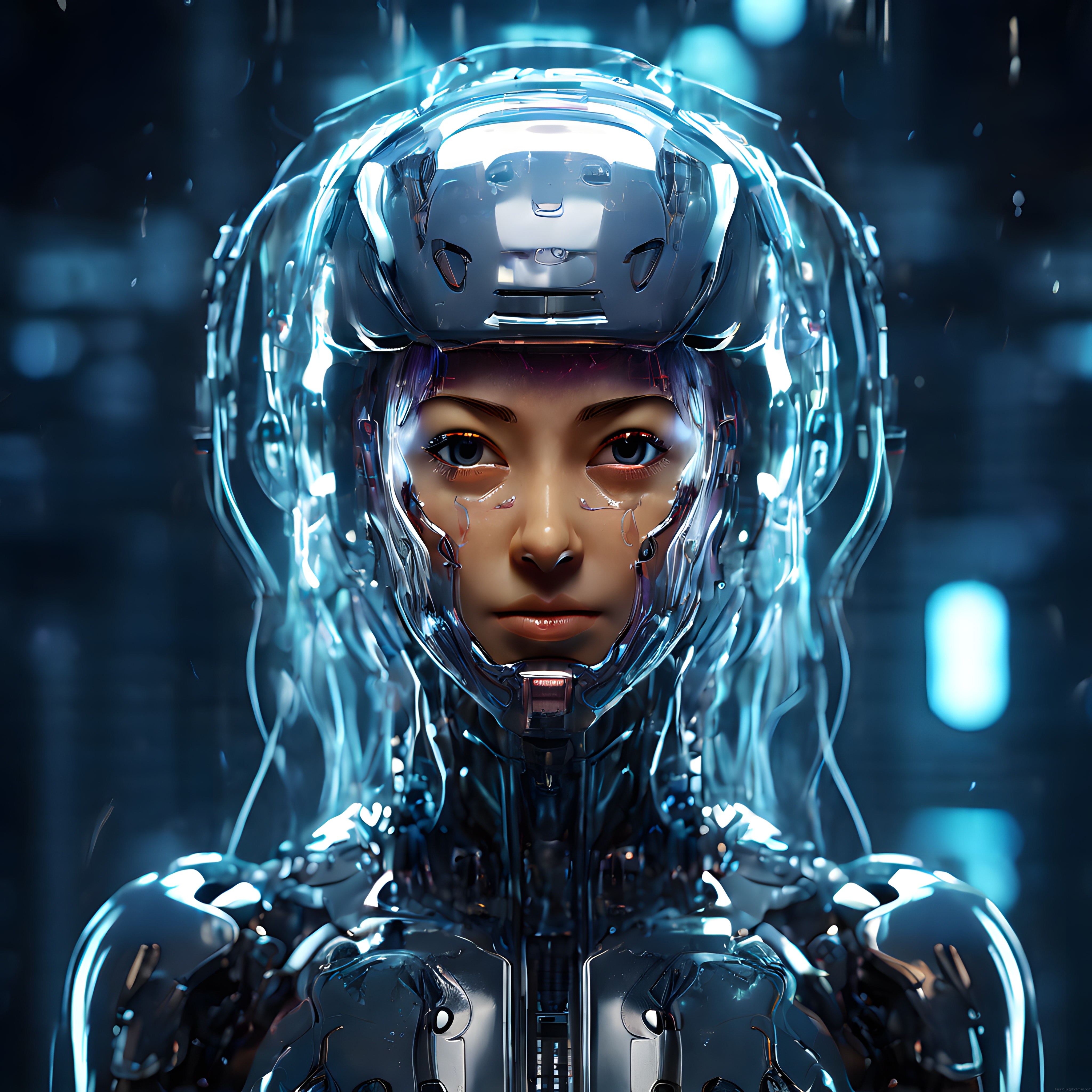 Neon Işıklı Cyberpunk Savaşçı: Transparan Kasklı Geleceğin Robotik Kadını
