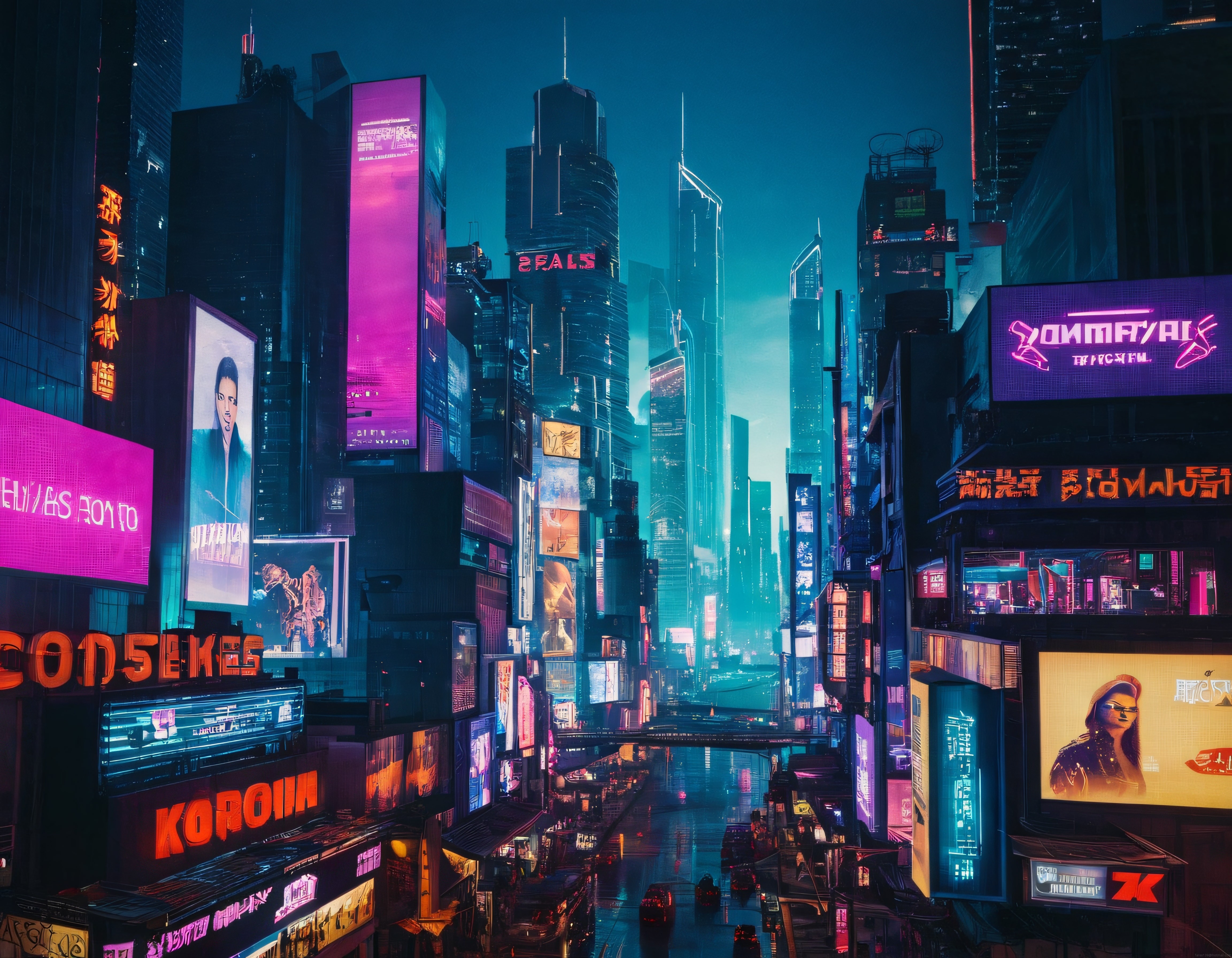 Neon Işıklı Cyberpunk Şehir Manzarası: Geleceğin Yağmurlu Metropol Sokakları