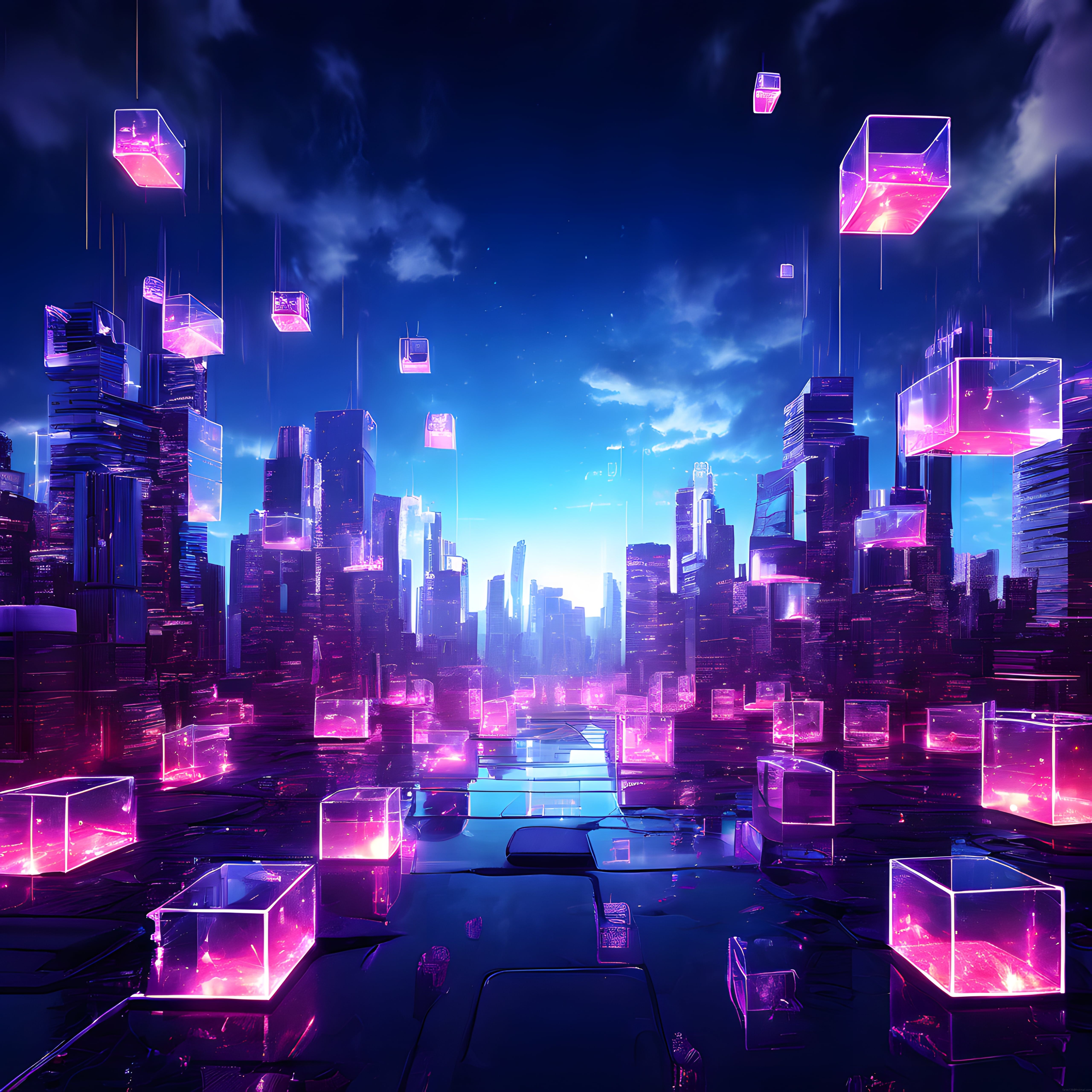 Neon Işıklı Cyberpunk Şehir Manzarası Uçan Hologramlar ve Yansıtıcı Zemin