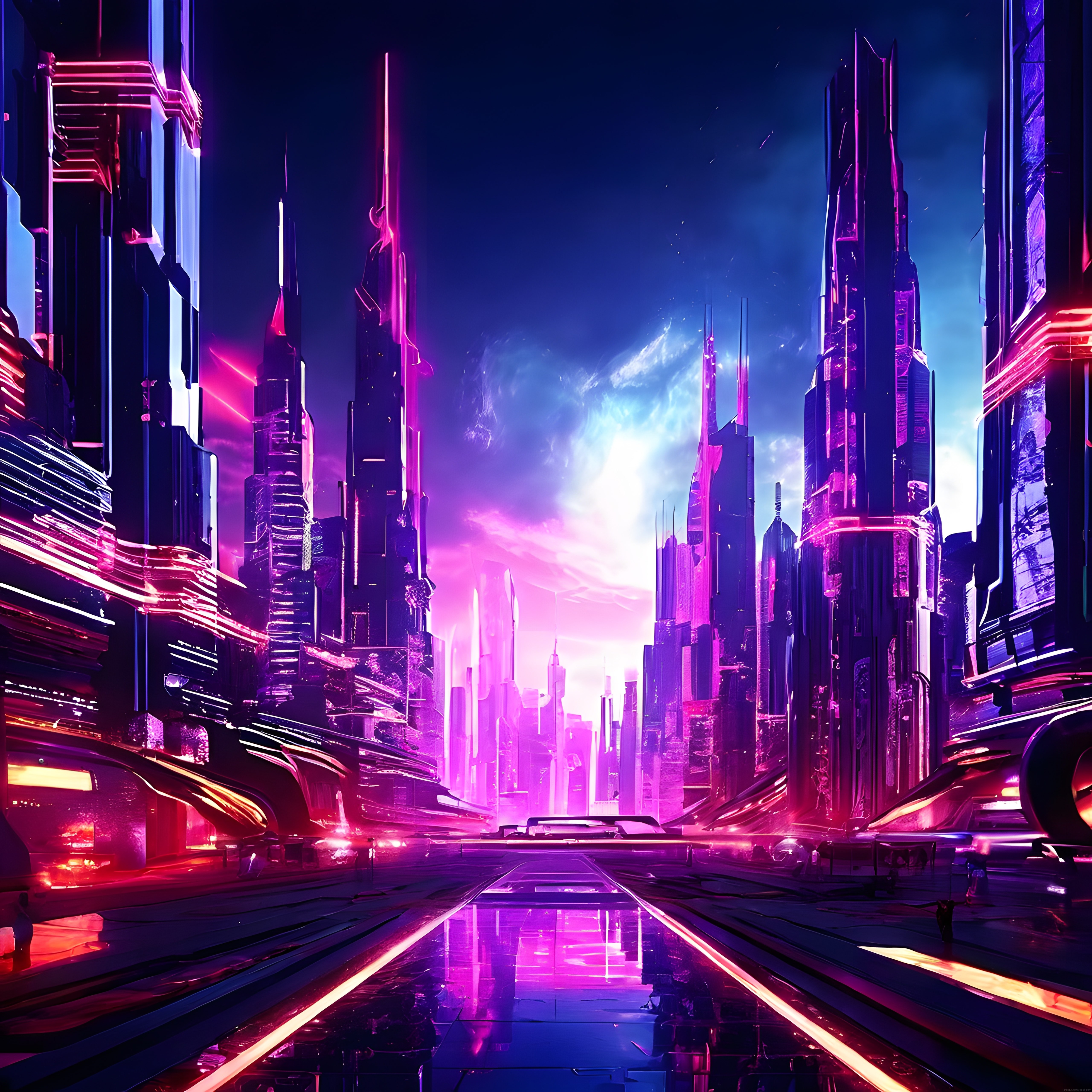 Neon Işıklı Cyberpunk Şehir Manzarası ve Gelecek Gökdelenleri