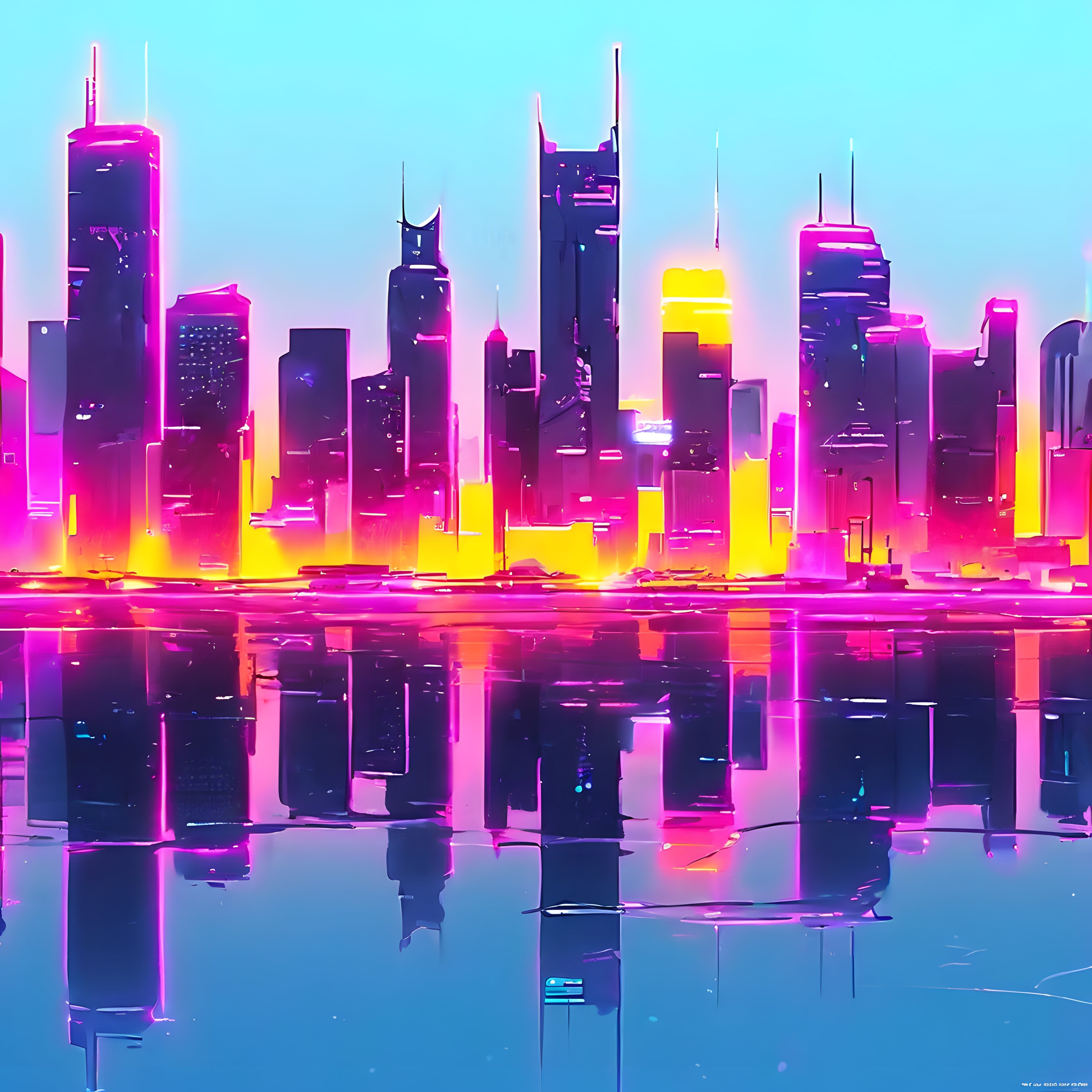 neon ışıklı cyberpunk şehir manzarası ve suyun yüzeyindeki renkli yansıma