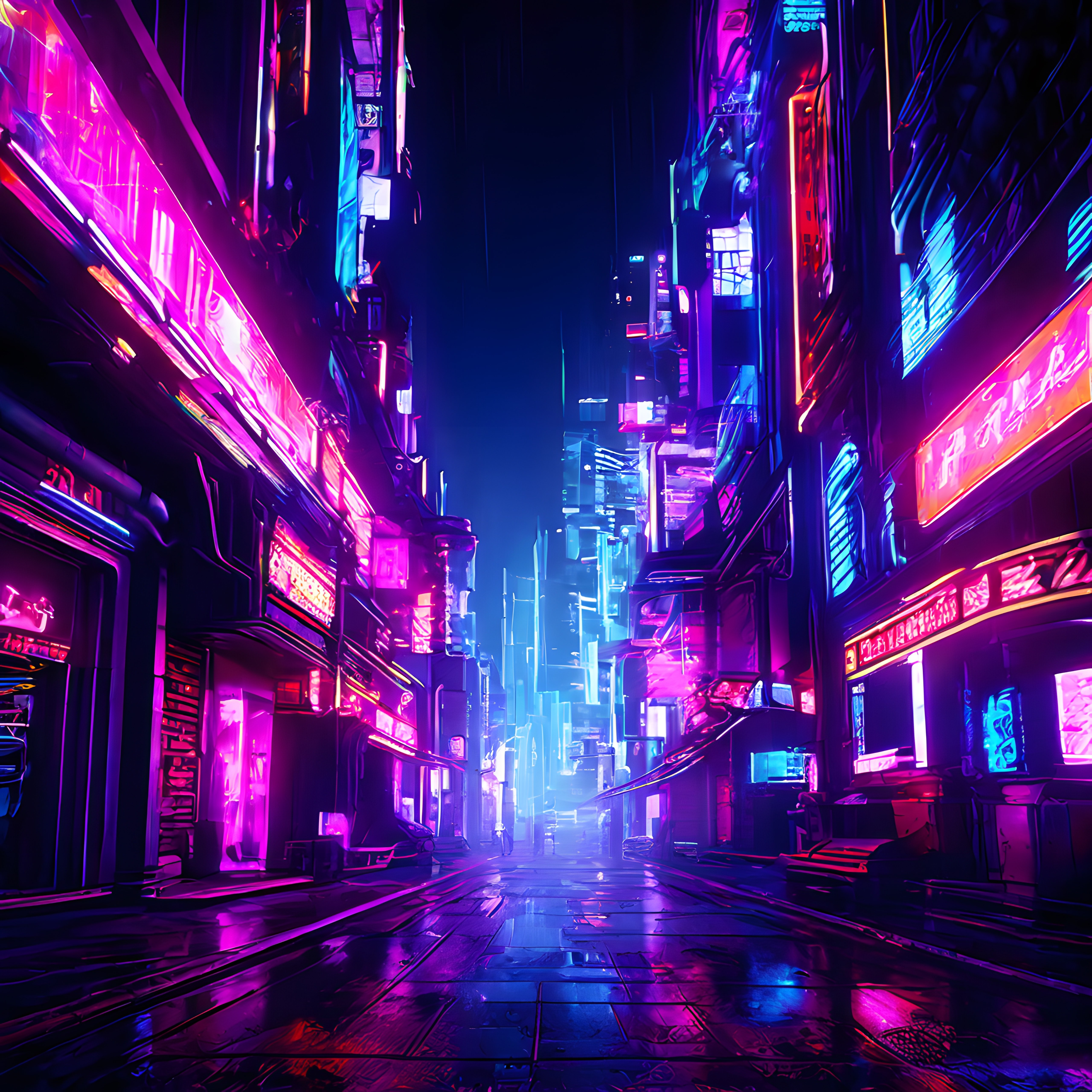 Neon ışıklı cyberpunk şehir sokağı ve geleceğin dijital atmosferi