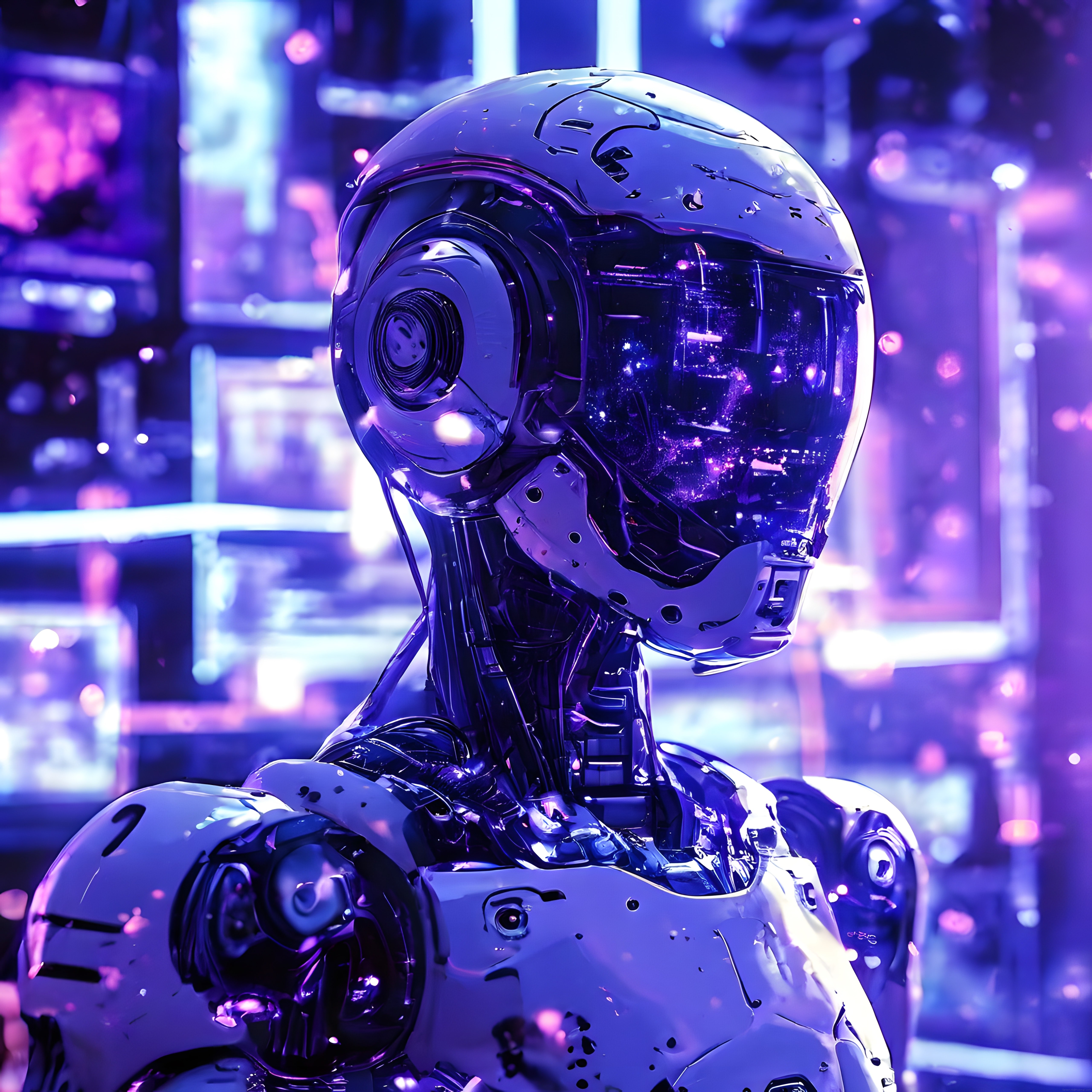 Neon Işıklı Cyberpunk Şehirde Geleceğin Metalik Robot Portresi