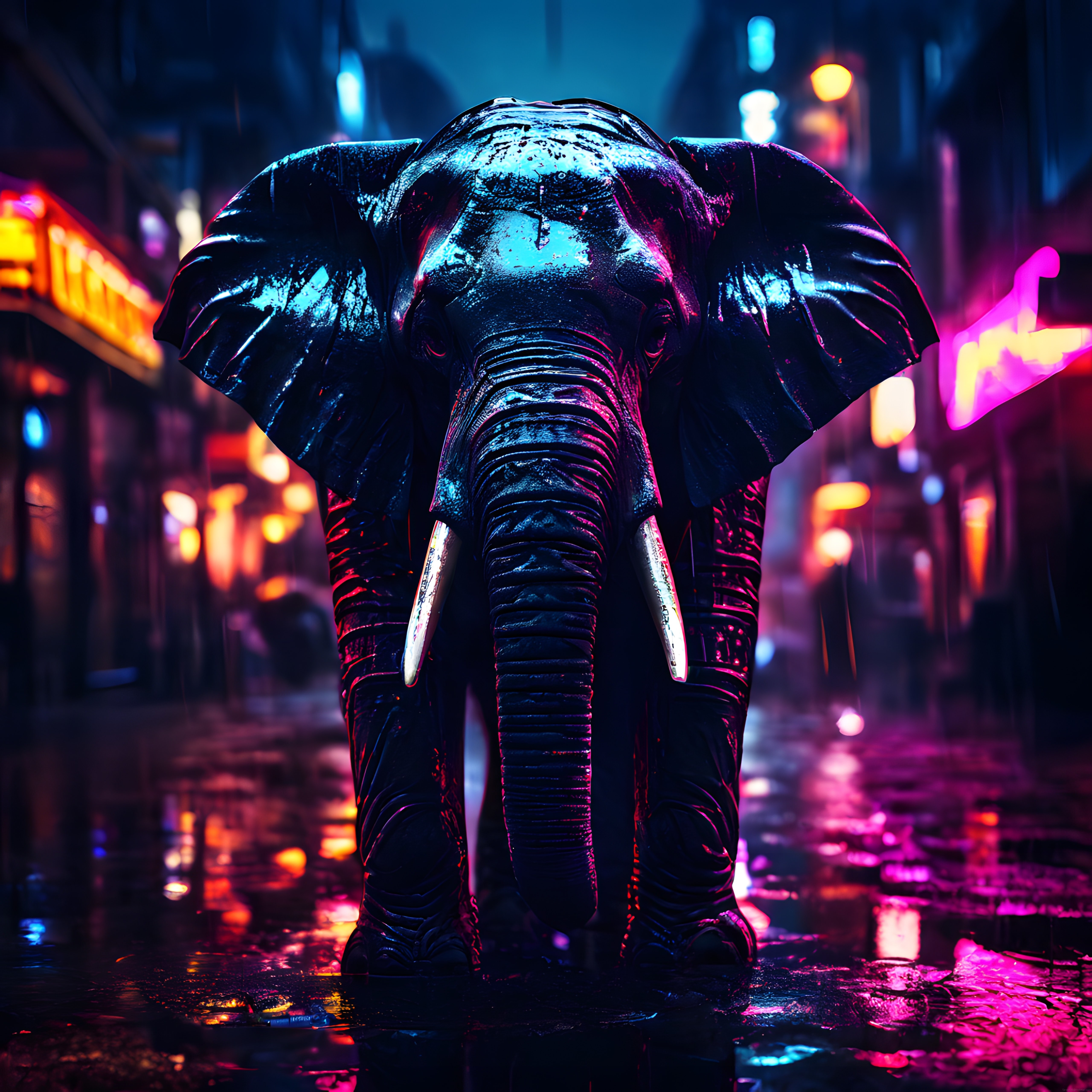 Neon Işıklı Cyberpunk Şehirde Yağmurlu Gecede Yalnız Dev Fil Manzarası
