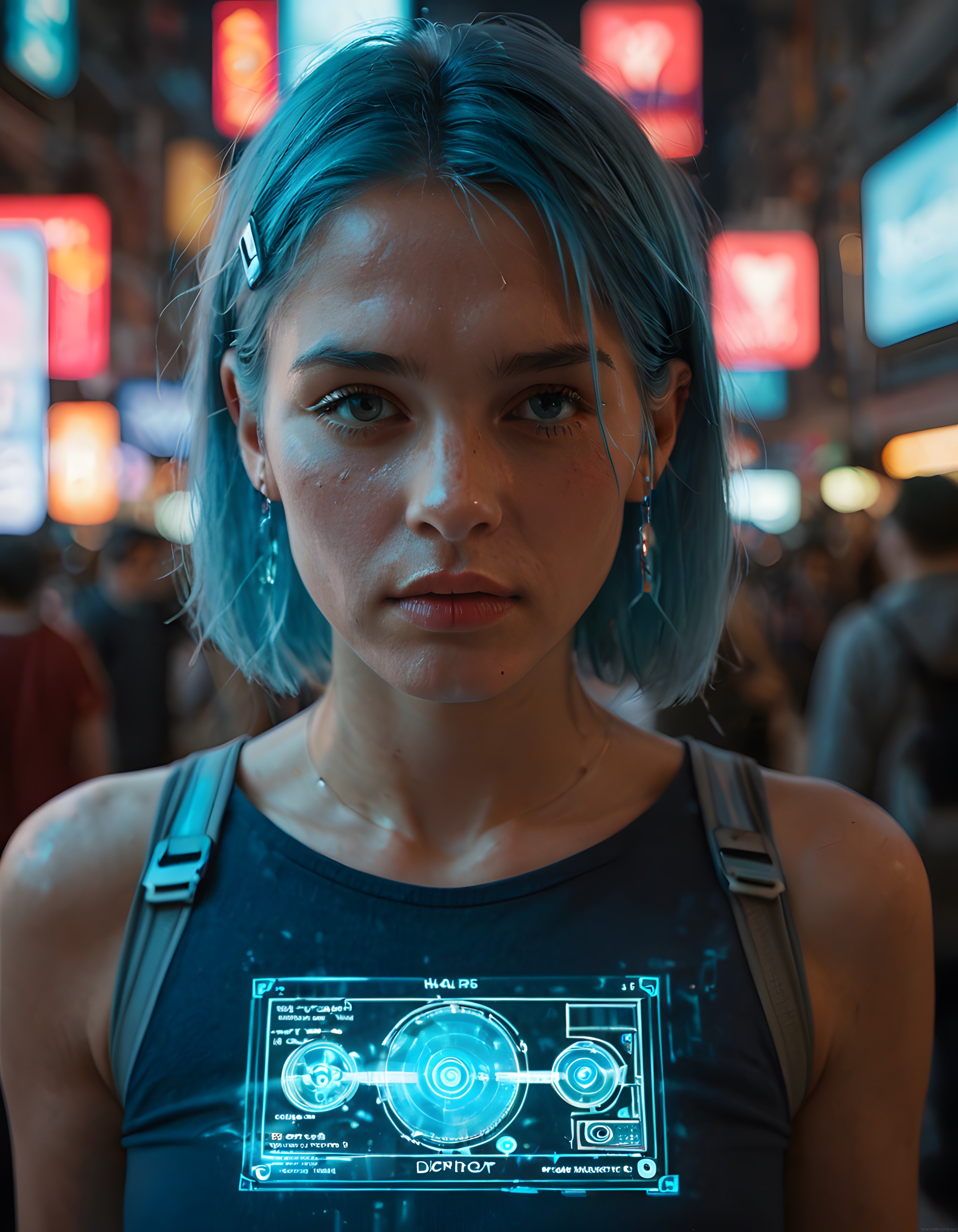 neon ışıklı cyberpunk sokakta dijital ekranlı genç kadın portresi