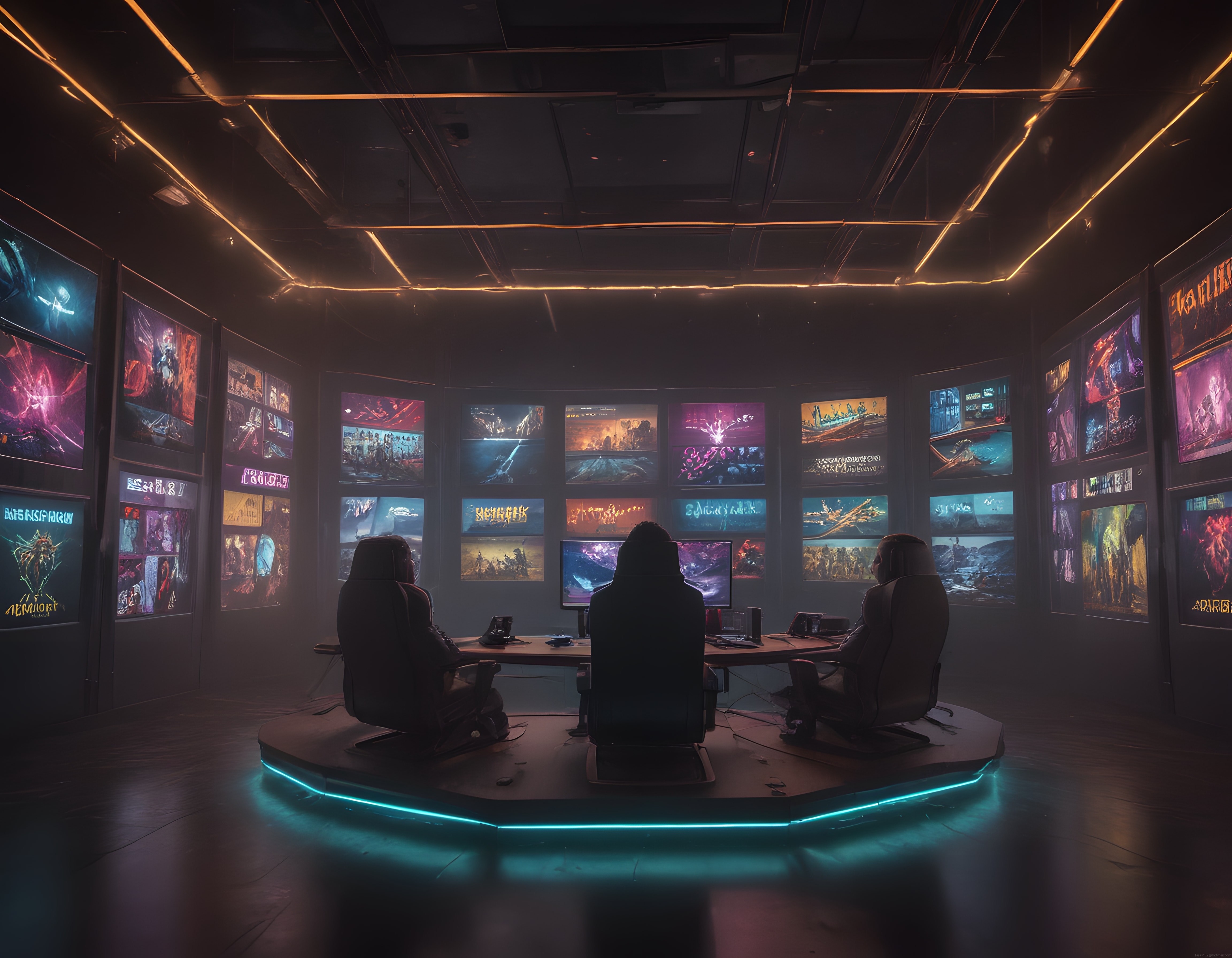 Neon ışıklı cyberpunk tarzı çoklu monitörlü oyun ve komuta merkezi