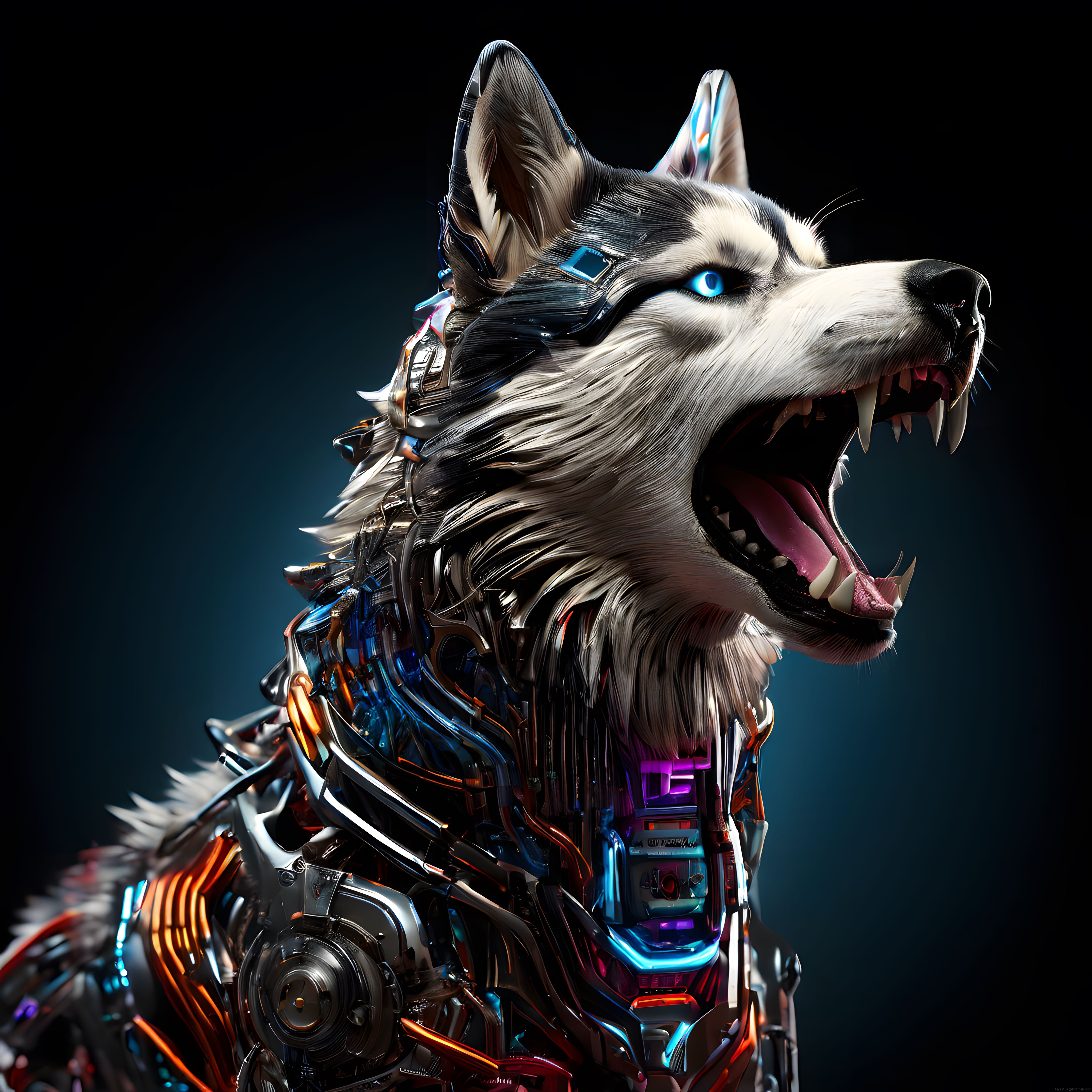 Neon Işıklı Cyborg Kurt: Mekanik ve Doğanın Dijital Sanatla Buluşması