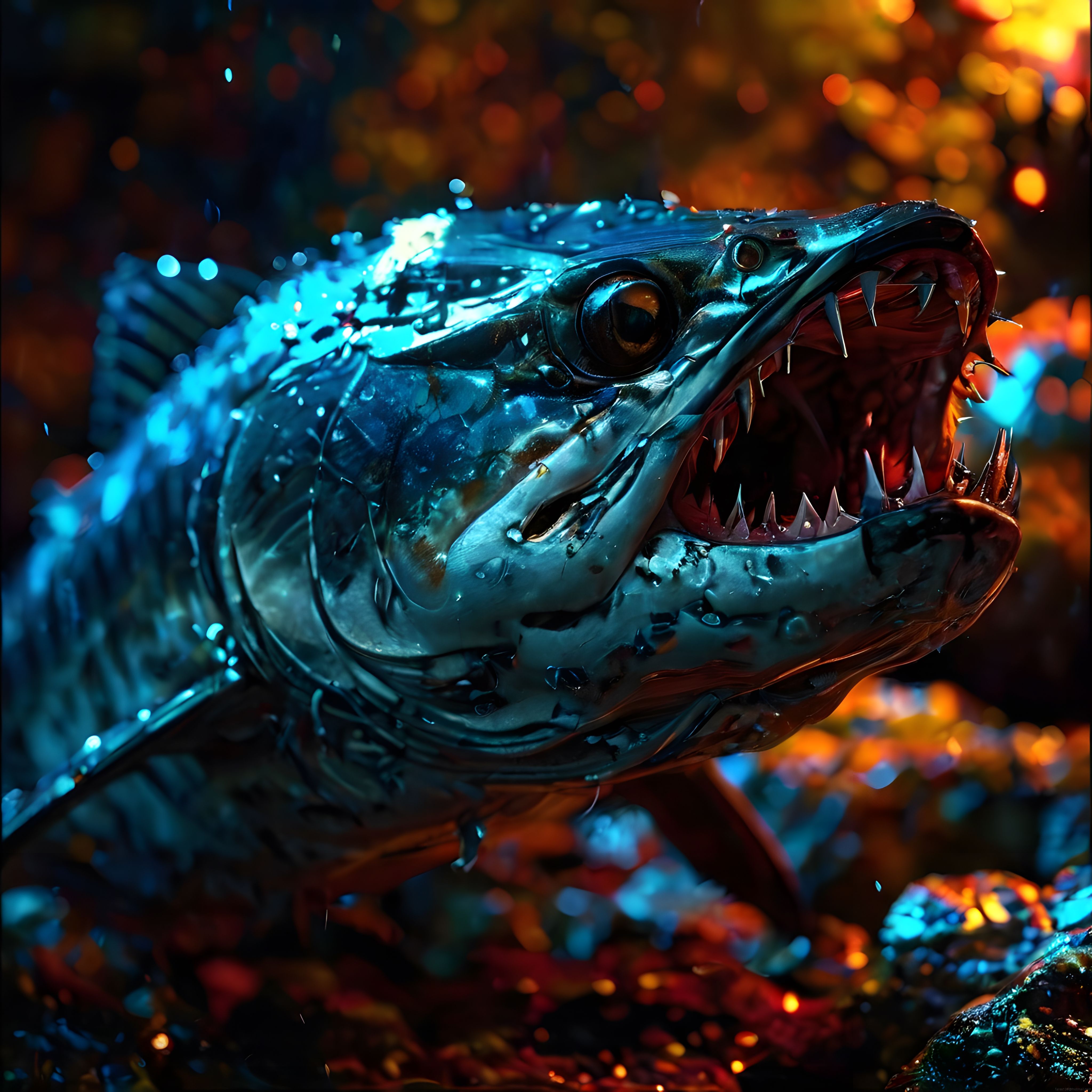 neon ışıklı derin sularda ağzı açık yırtıcı piranha balığı 3d sanat eseri